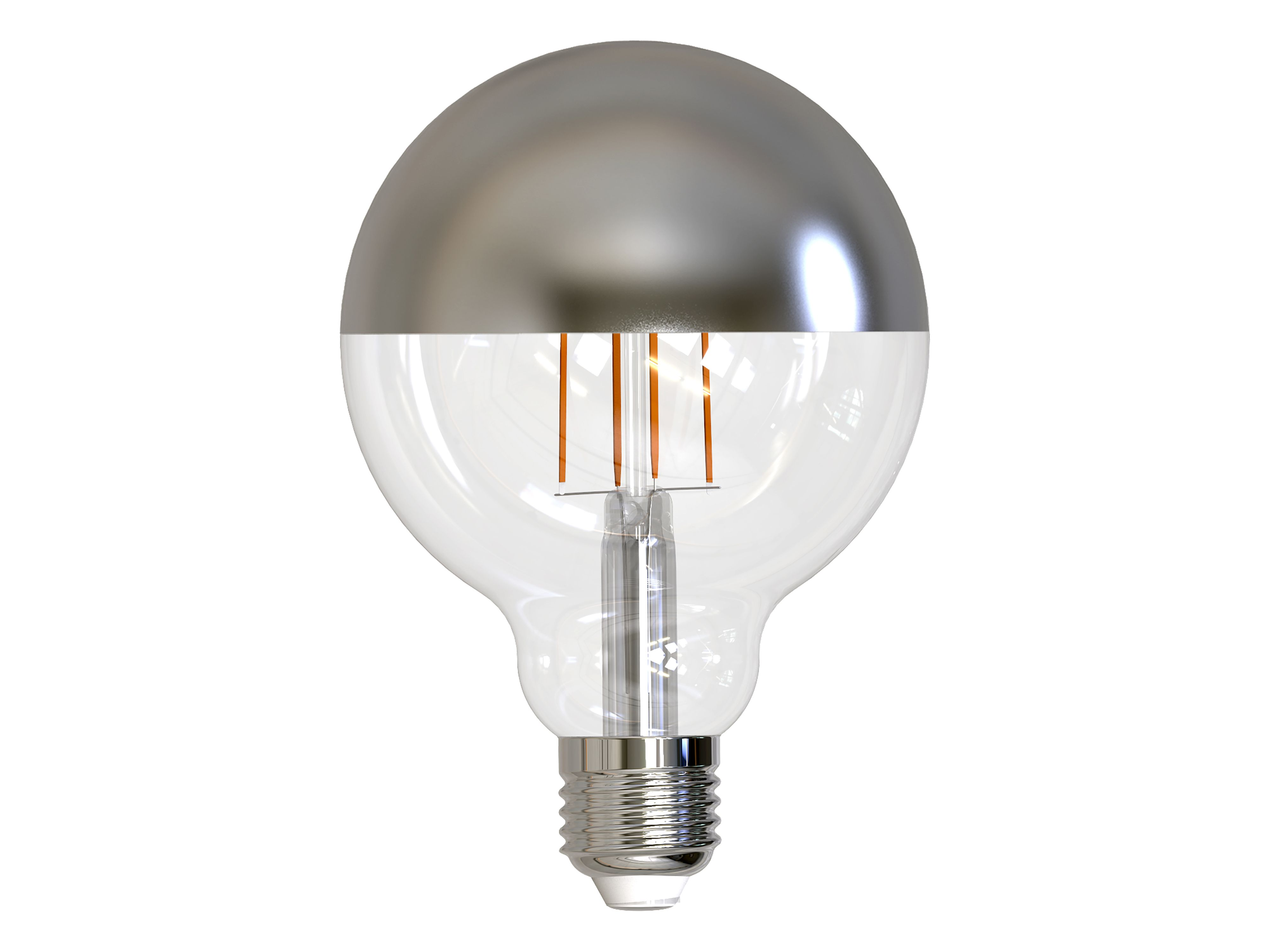 Lampadina con parte superiore argentata. Vetro trasparente con filamenti. Base argentata.