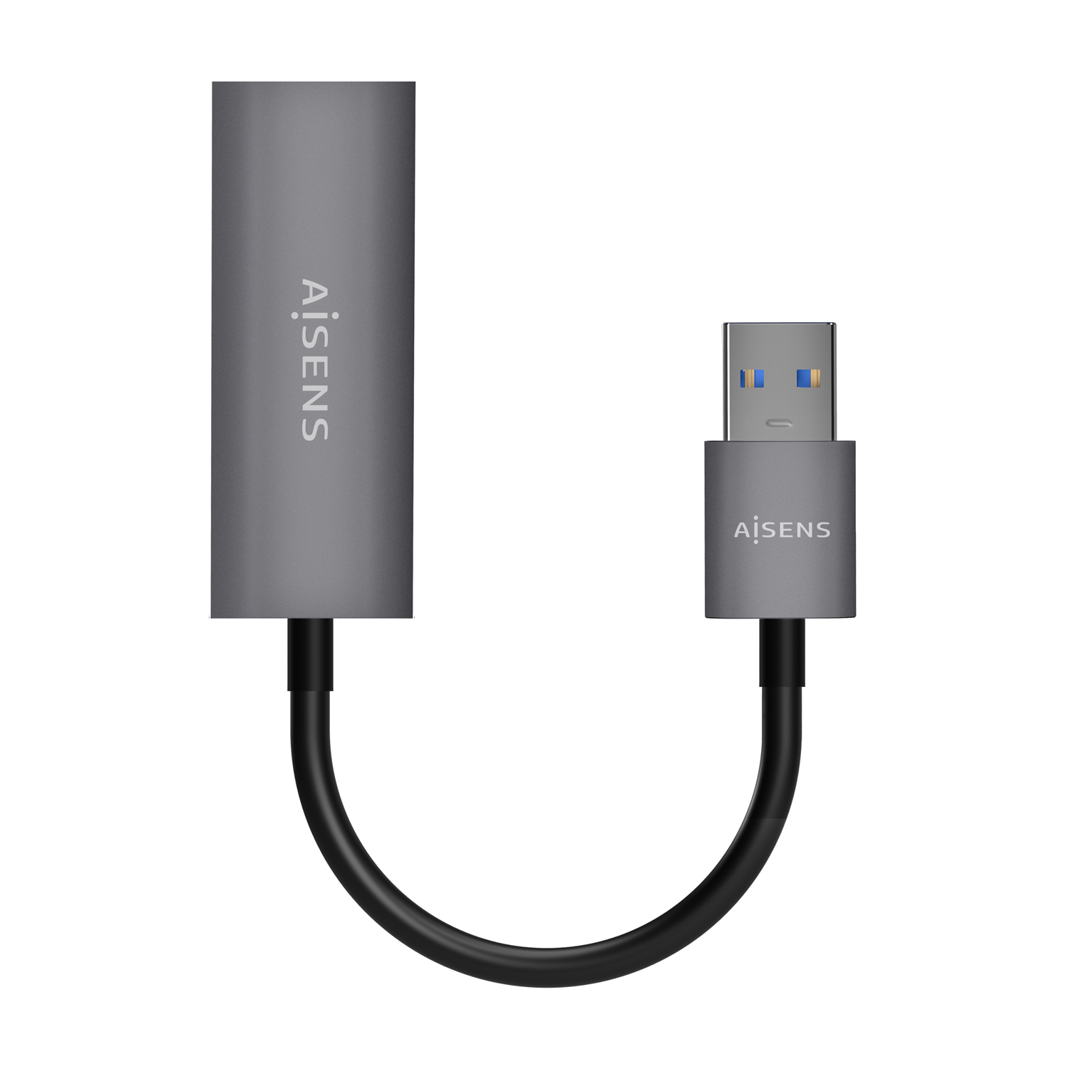 Grauer Adapter mit USB- und Ethernet-Anschlüssen. Schwarzes Kabel. Weißer Hintergrund.