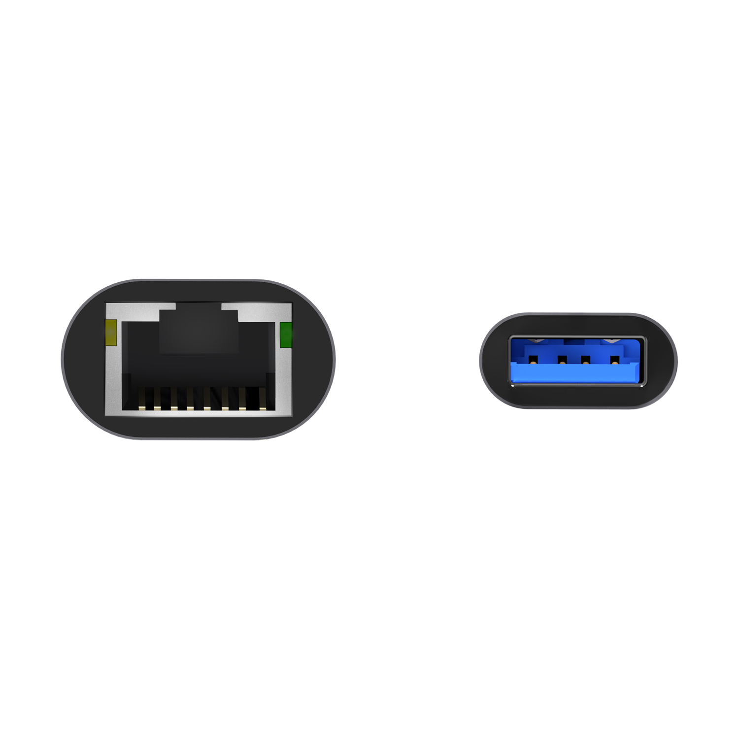 Nahaufnahme eines schwarzen USB-zu-Ethernet-Adapters mit USB-A- und RJ45-Anschluss.
