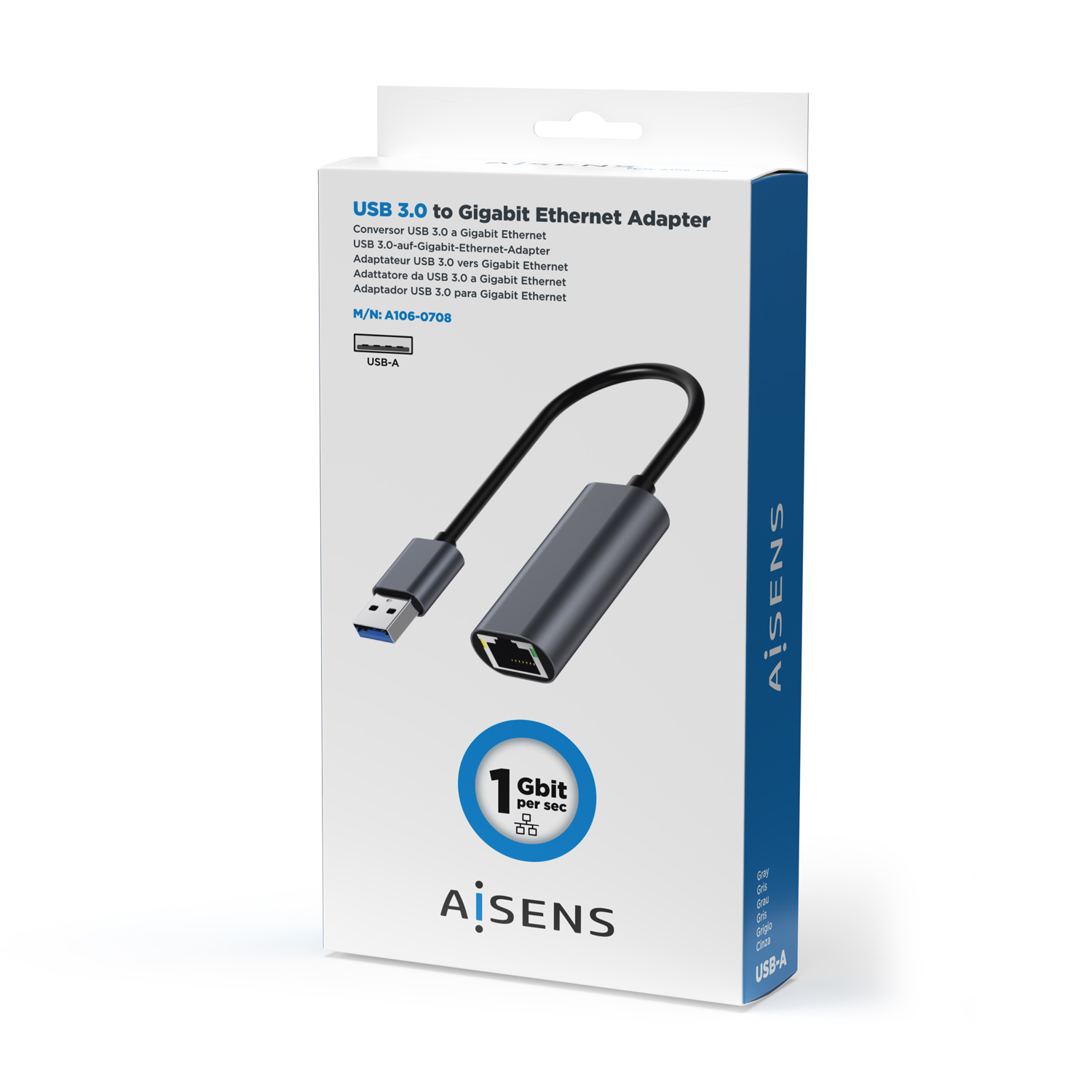 Eine USB 3.0-zu-Gigabit-Ethernet-Adapterbox mit Kabel und Adapter.