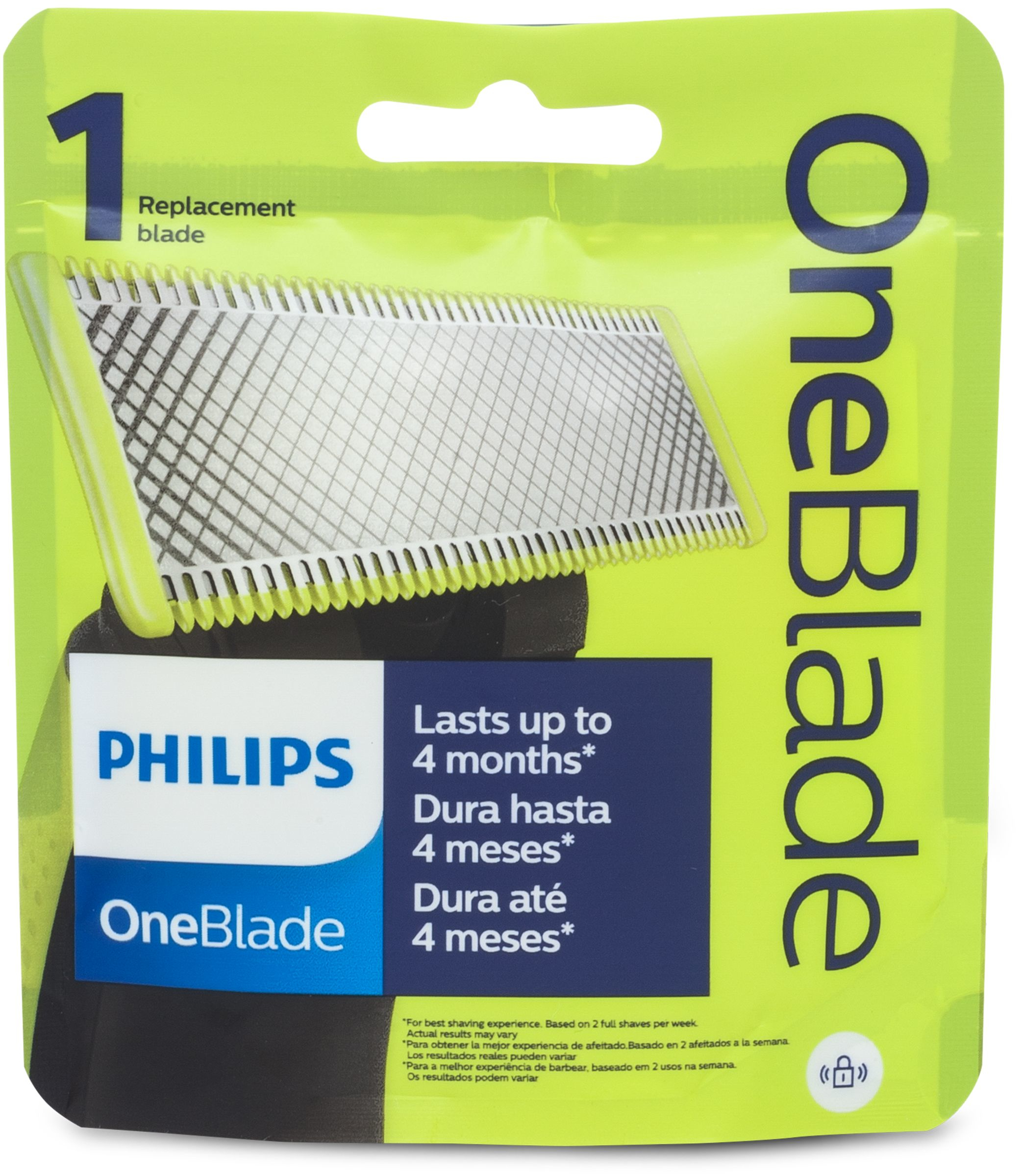 Una confezione di ricambio lame Philips OneBlade verde e bianca.