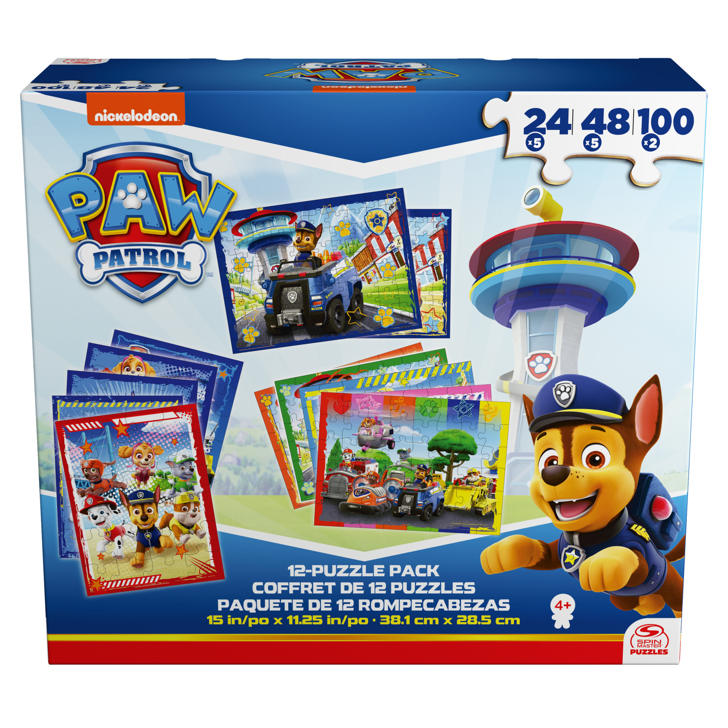 Scatola puzzle Paw Patrol. Mostra puzzle dei personaggi di Paw Patrol, una torre e Chase.