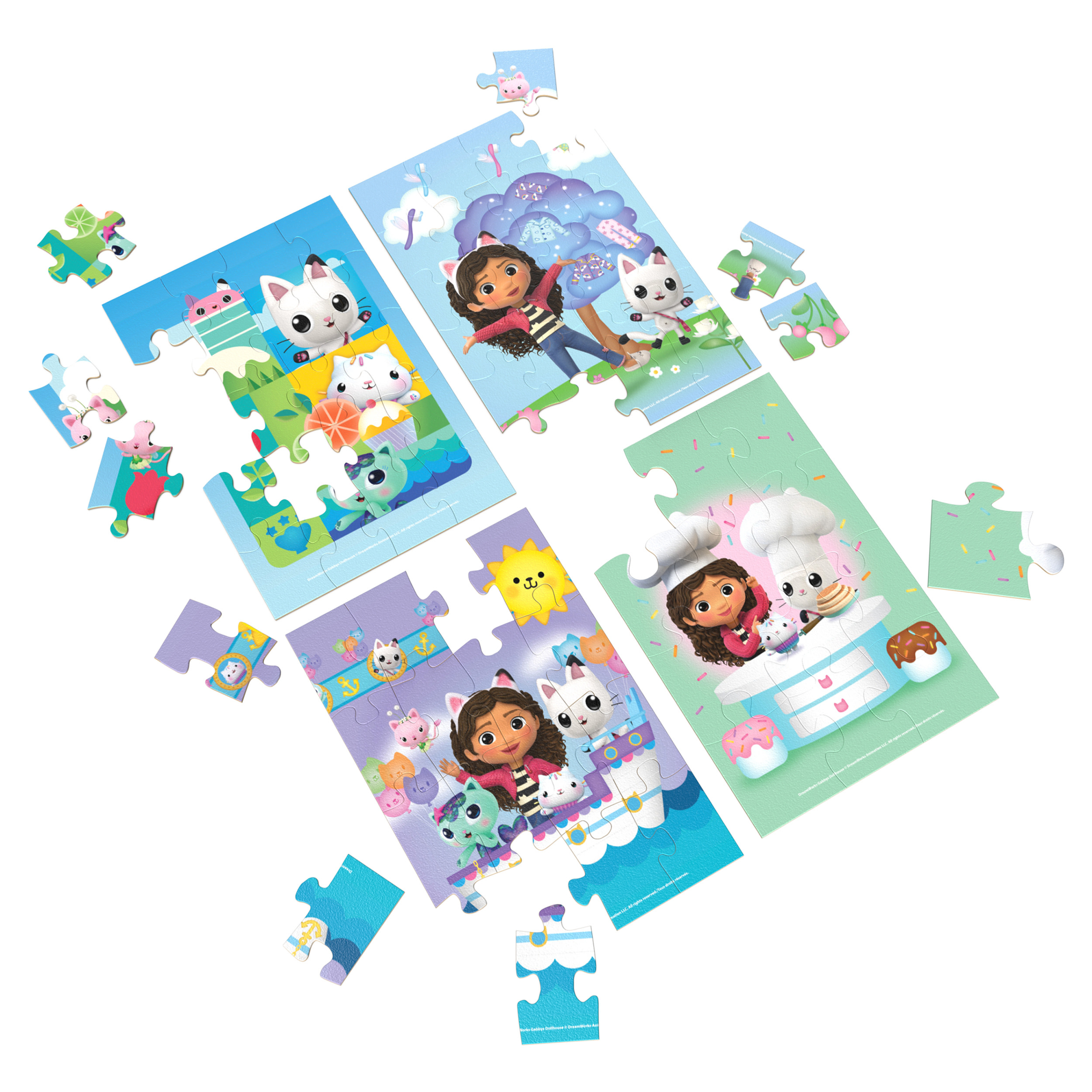 Quattro puzzle di Gabby's Dollhouse, ciascuno assemblato per un quarto, su bianco.