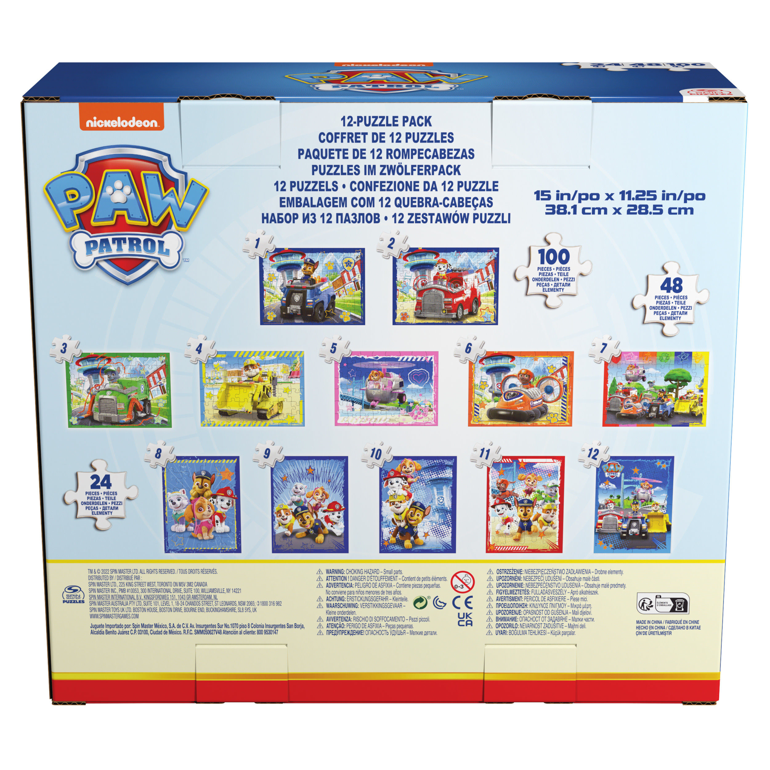 Dodici puzzle di Paw Patrol, ognuno mostra i personaggi in scene diverse.