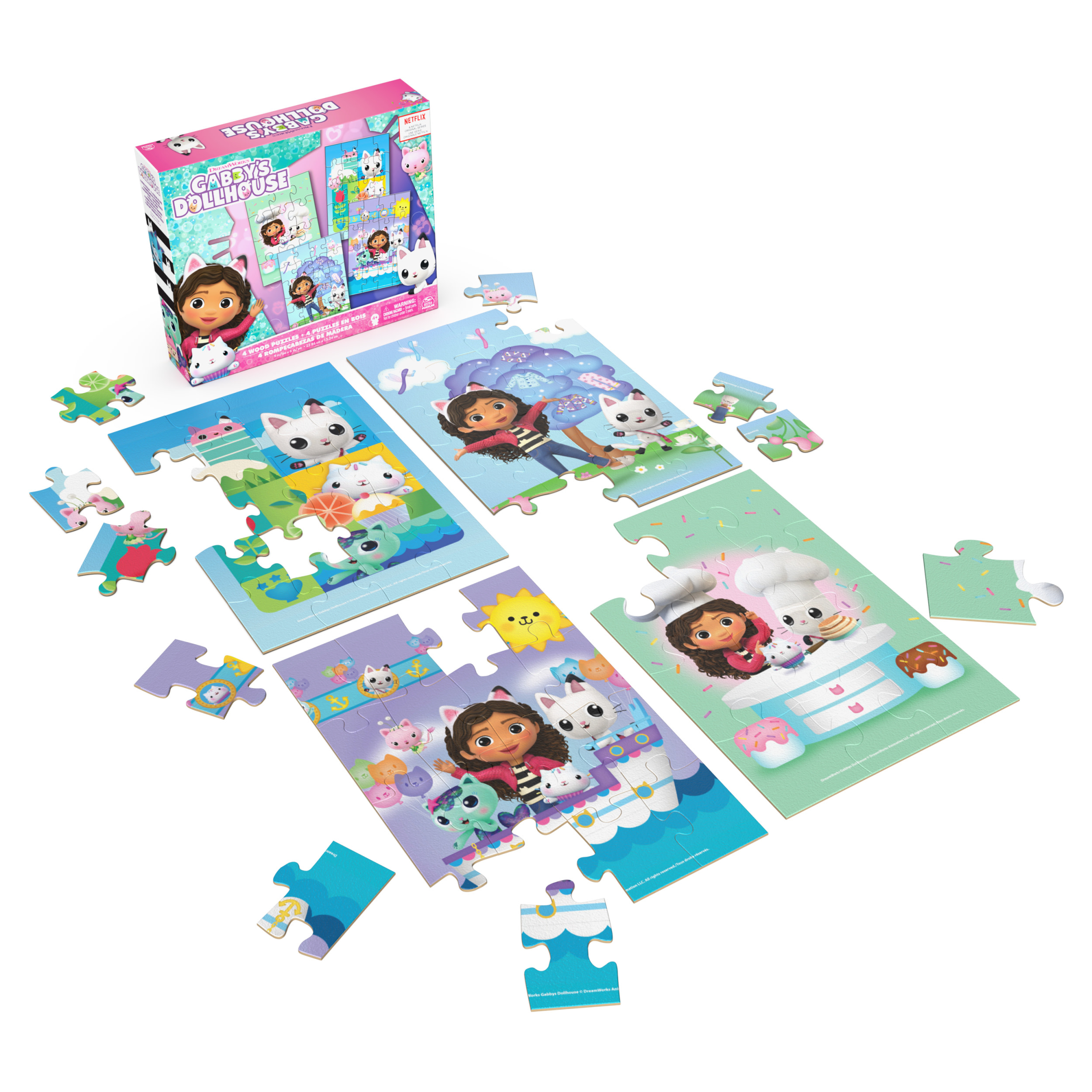Pezzi di puzzle con immagini di cartoni animati di una ragazza e gatti in diverse scene.