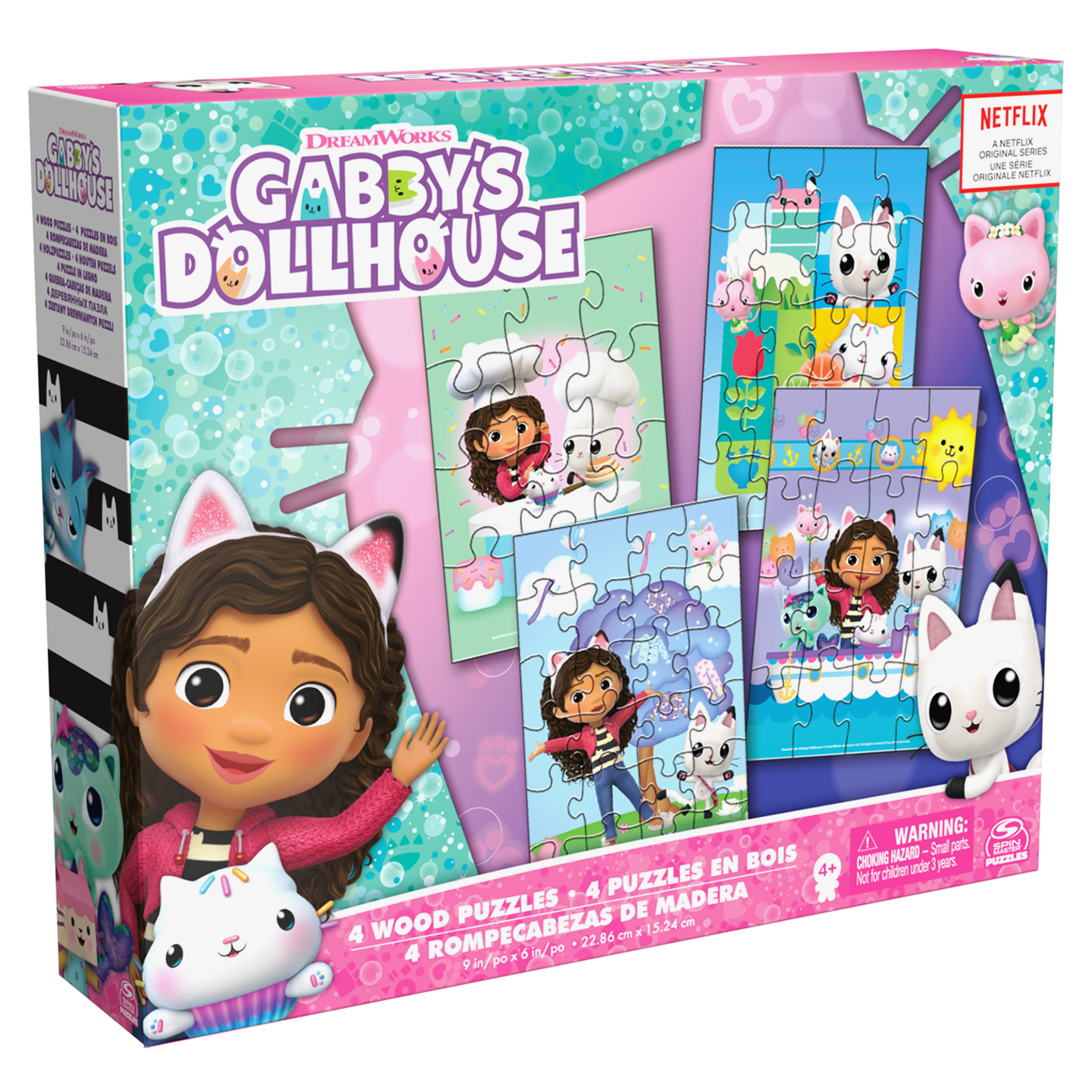 Scatola di puzzle di Gabby's Dollhouse con immagini di Gabby e amici.