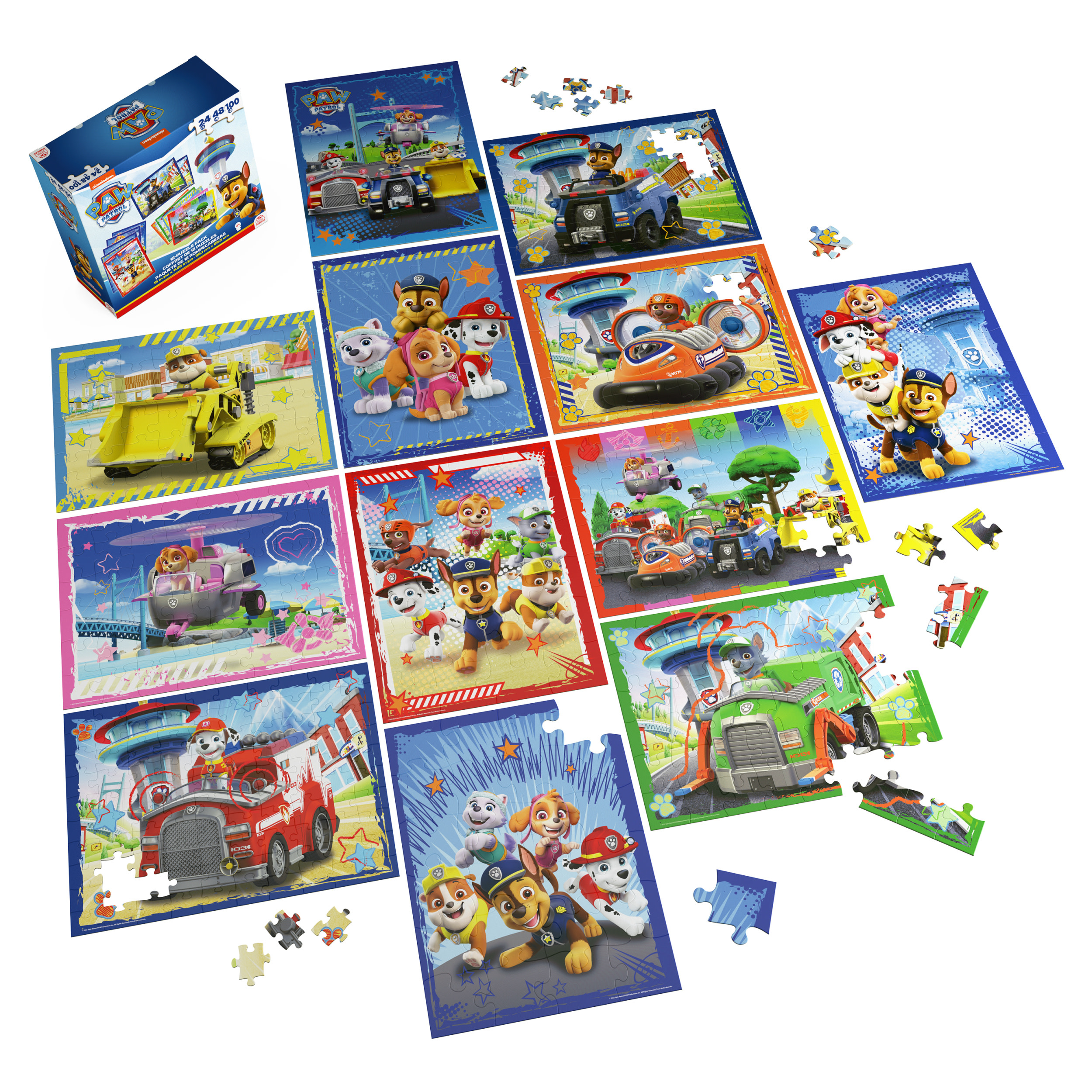 Puzzle Paw Patrol con personaggi e veicoli. Alcuni pezzi sono separati.