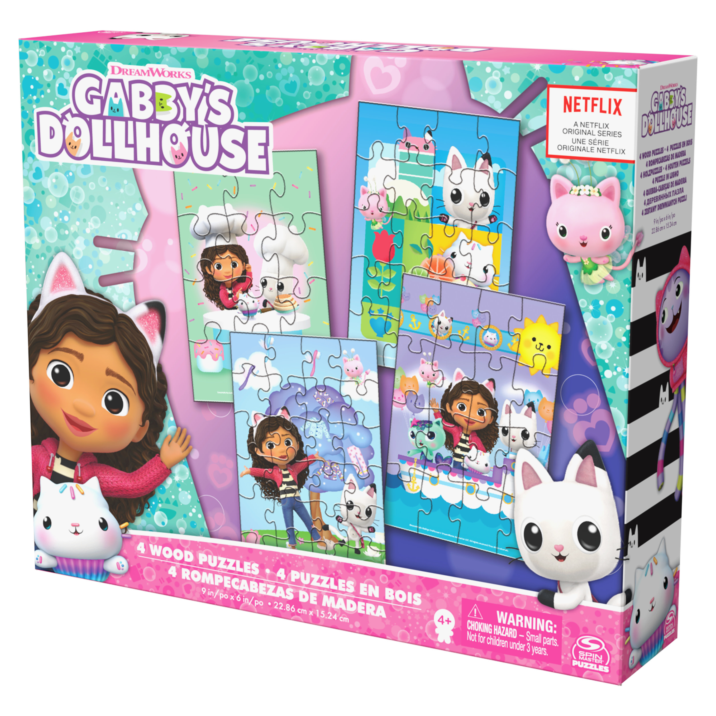 Scatola con puzzle di Gabby's Dollhouse, personaggi e logo Netflix. Include più immagini di puzzle. Rosa, blu e bianco dominano.