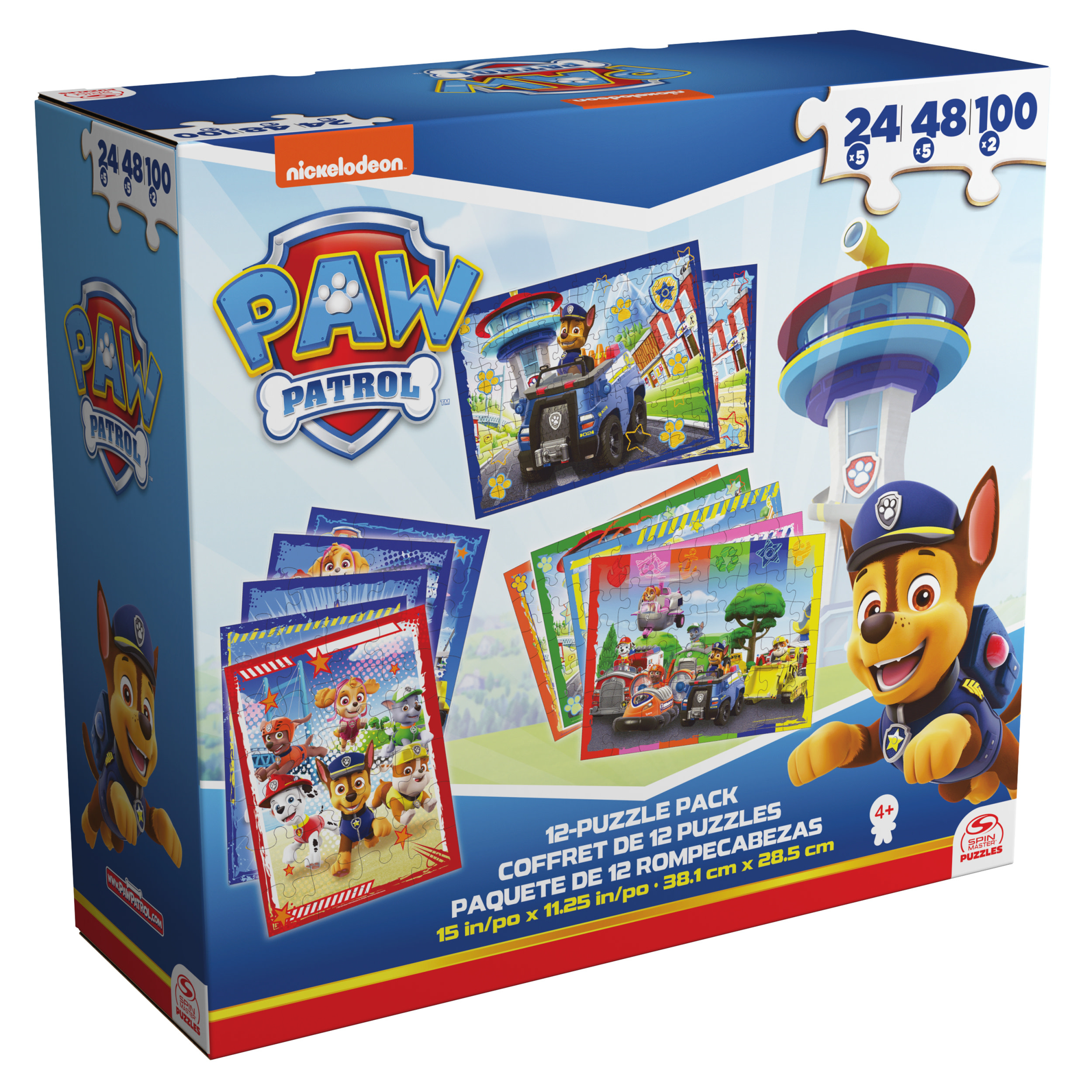 Una scatola di puzzle Paw Patrol. È presente Chase, il cane. La scatola ha immagini dei personaggi di Paw Patrol e puzzle.