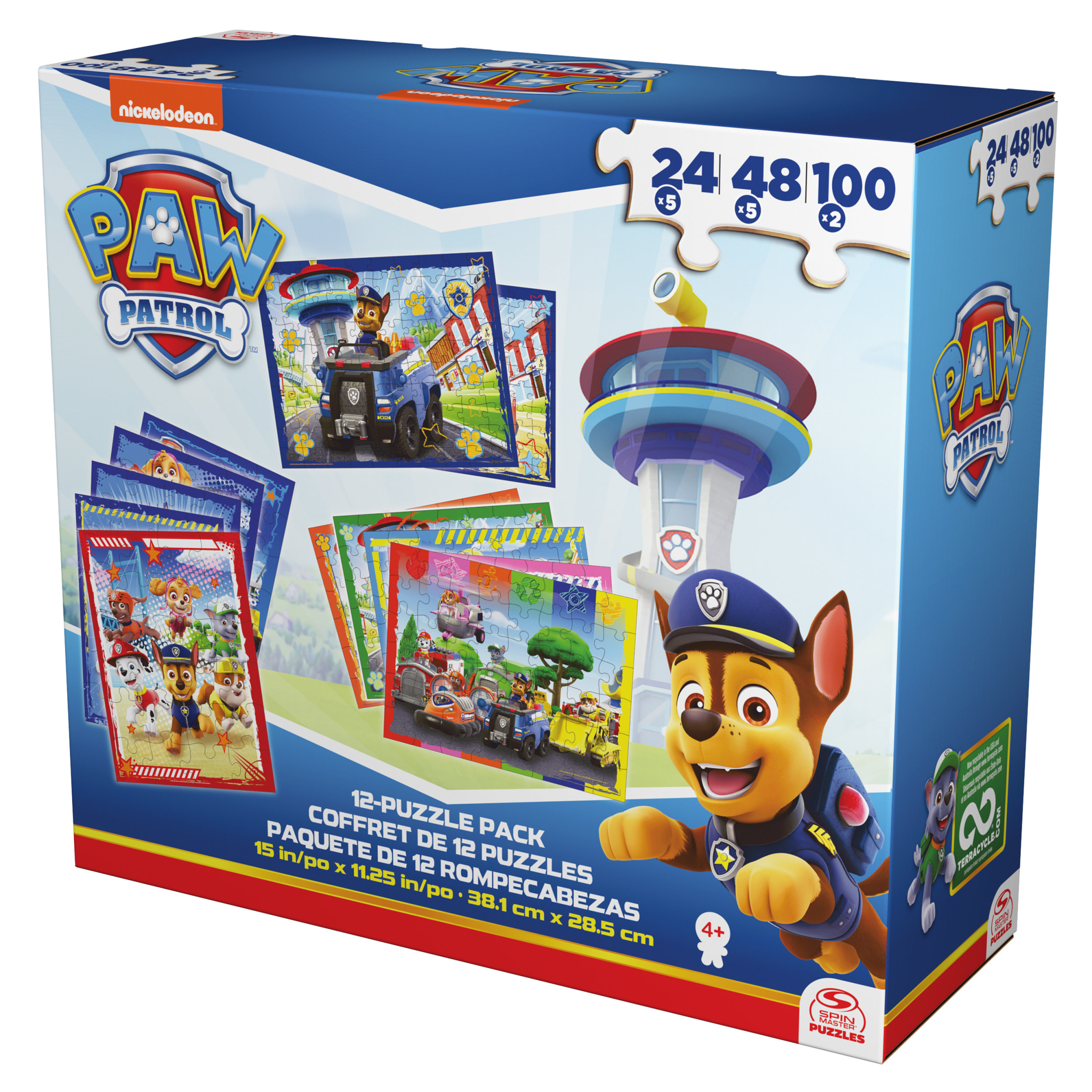 Scatola di puzzle di Paw Patrol. Contiene 12 puzzle, immagini di Chase e la torre Paw Patrol. Colori blu e rosso.