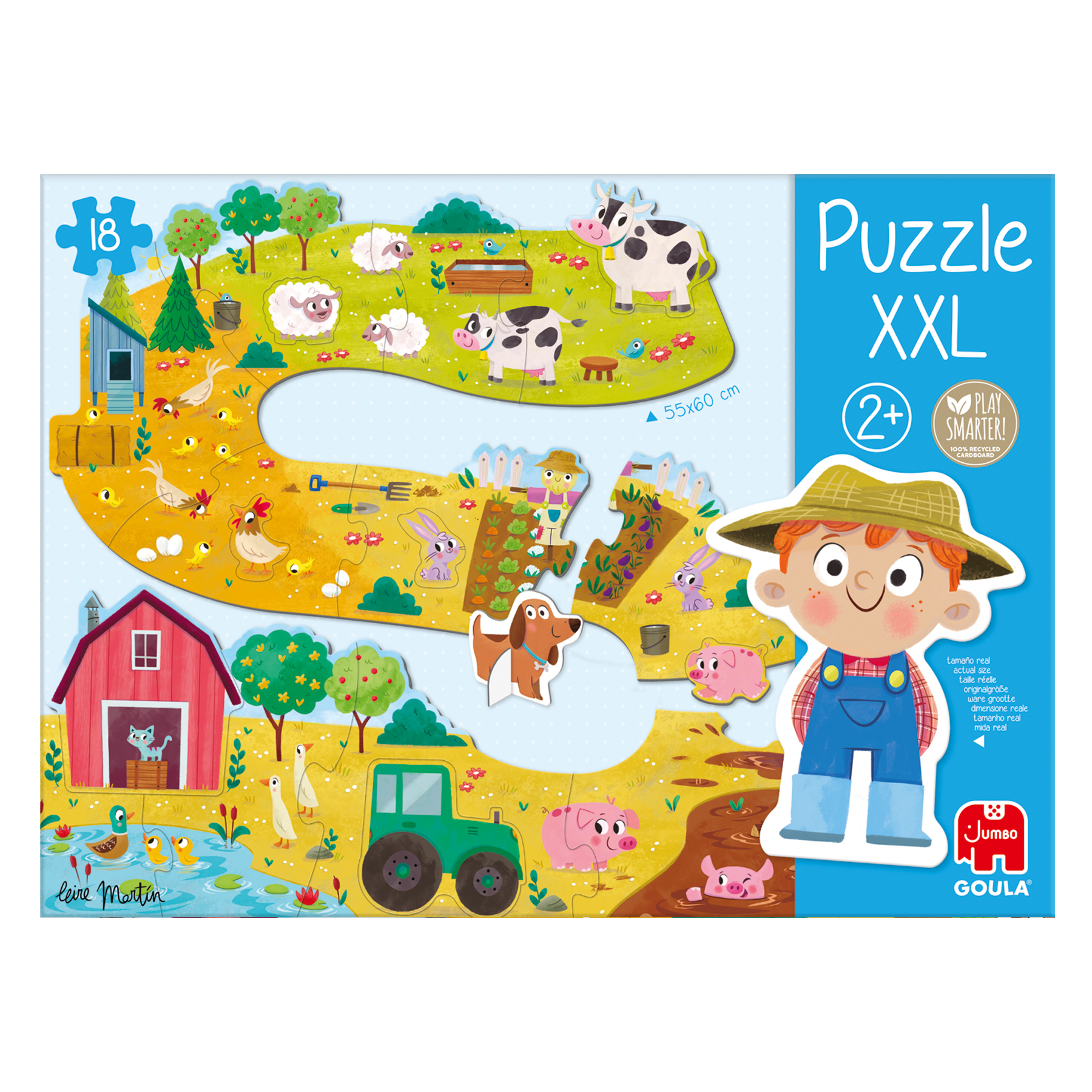 Puzzle z farmą. Zawiera stodołę, traktor, zwierzęta i rolnika.