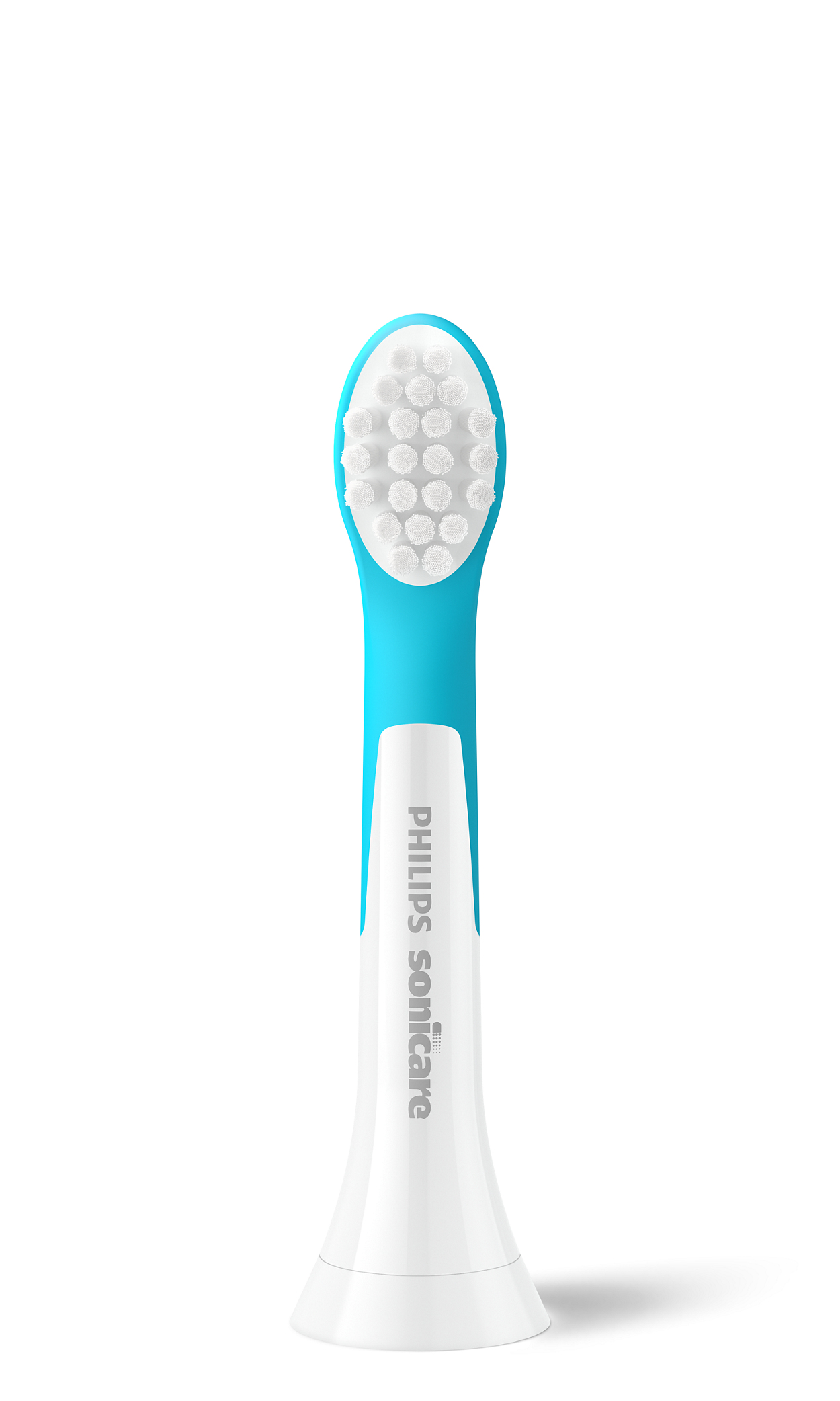 Die Draufsicht auf einen blauen und weißen Philips Sonicare Zahnbürstenkopf.