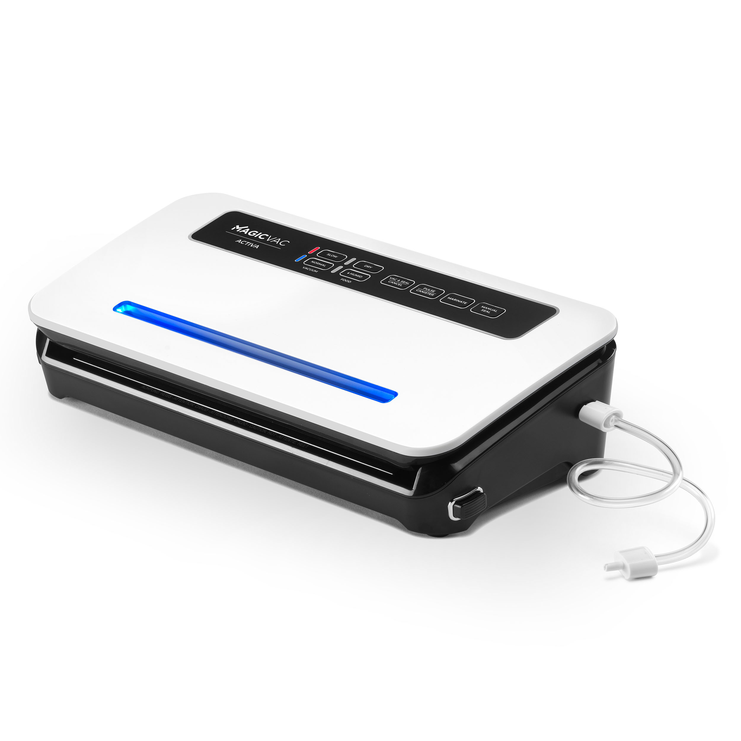 Biało-czarna zgrzewarka próżniowa. Ma przyciski i niebieskie światło. Dołączony jest wąż.