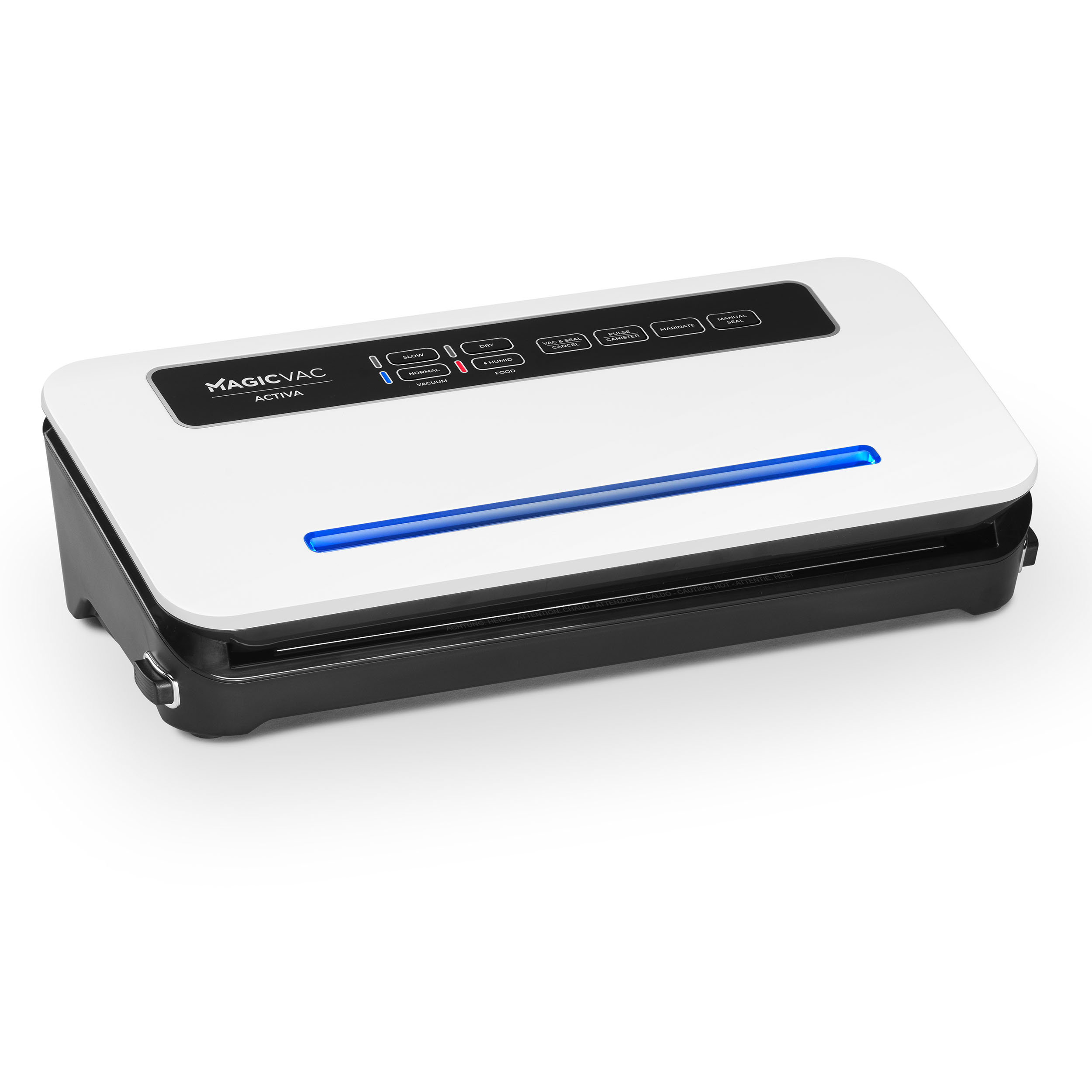 Biało-czarna zgrzewarka próżniowa MagicVac z przyciskami. Ma niebieskie światło i jest na białym tle.