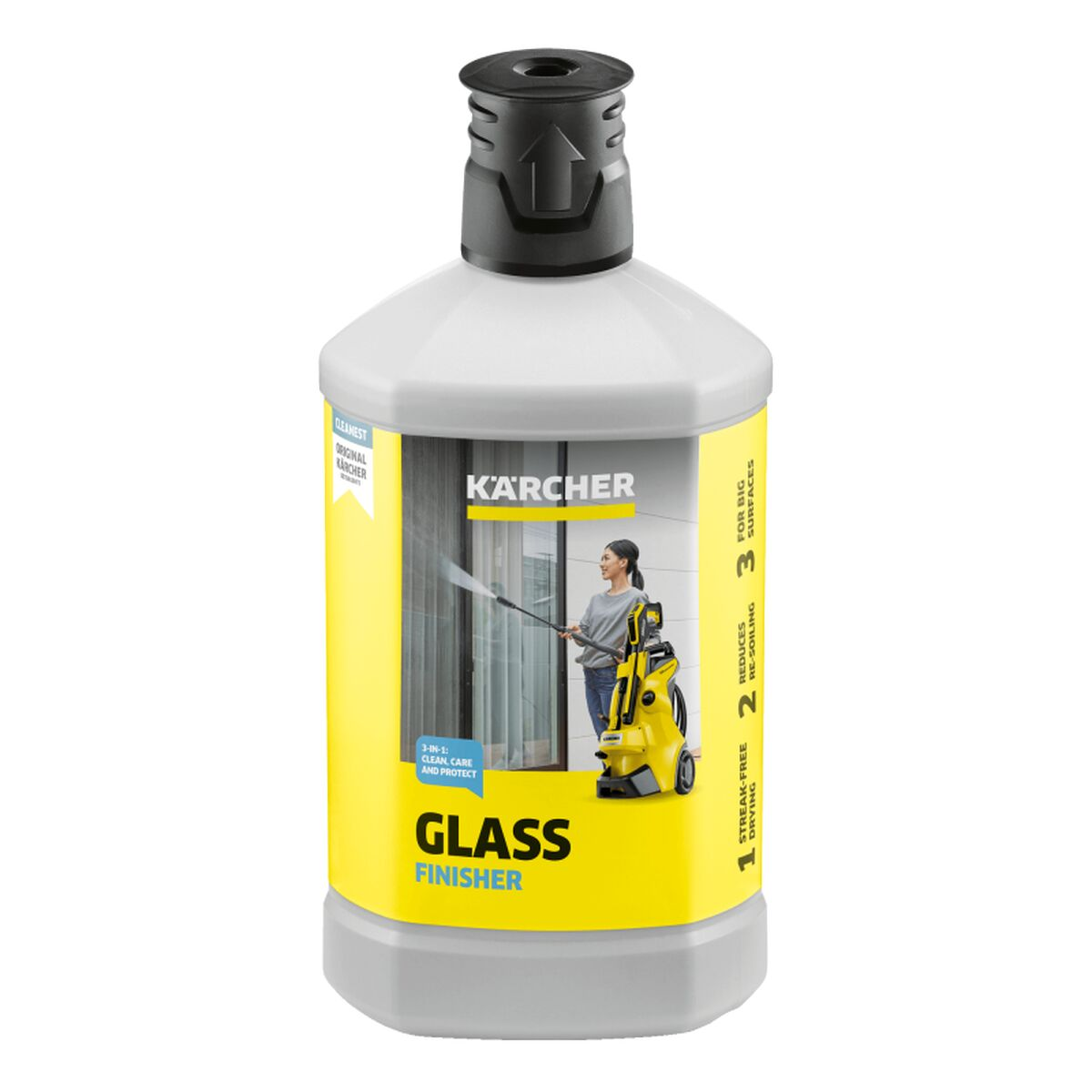 Kärcher Glasreiniger Flasche. Gelbes Etikett, Frau reinigt Fenster mit Hochdruckreiniger.