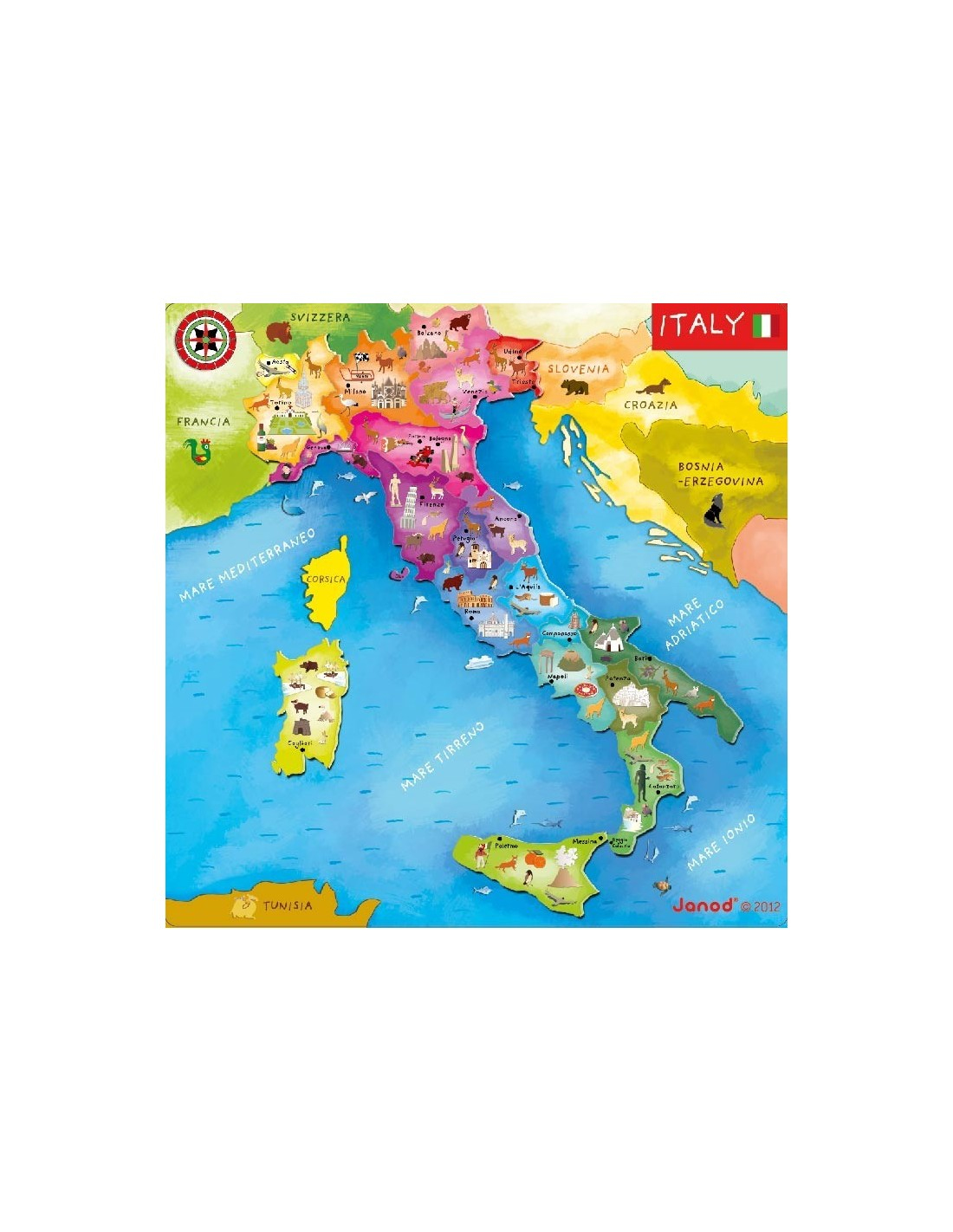 Puzzle mapy Włoch z kolorowymi regionami i morzem. Dodatkowe elementy mapy rozrzucone.