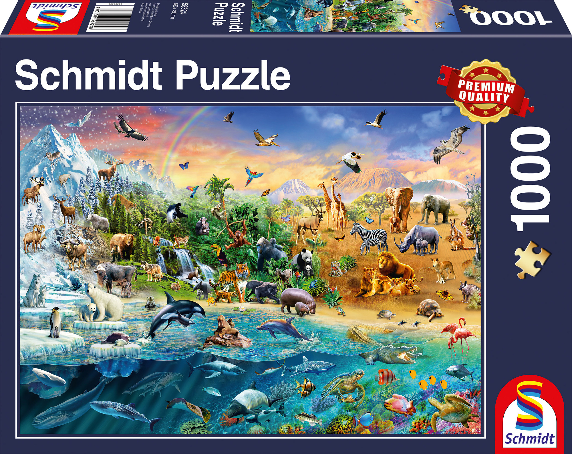 Ein Puzzle mit vielen Tieren in verschiedenen Lebensräumen. Das Puzzle ist in einer Box.