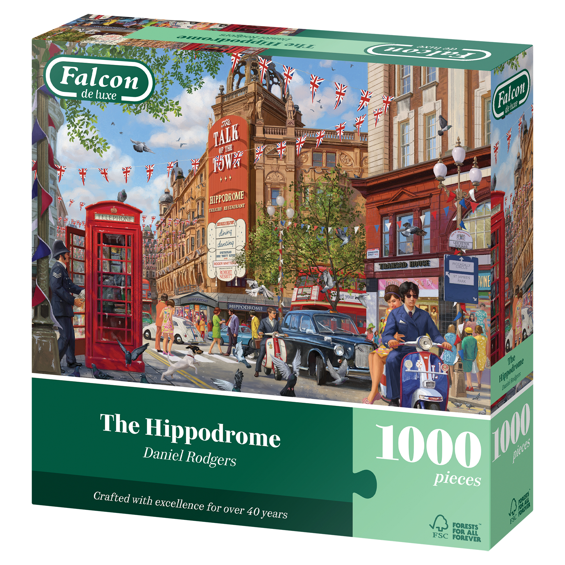 Pudełko z puzzlami przedstawiające scenę uliczną The Hippodrome w Londynie.