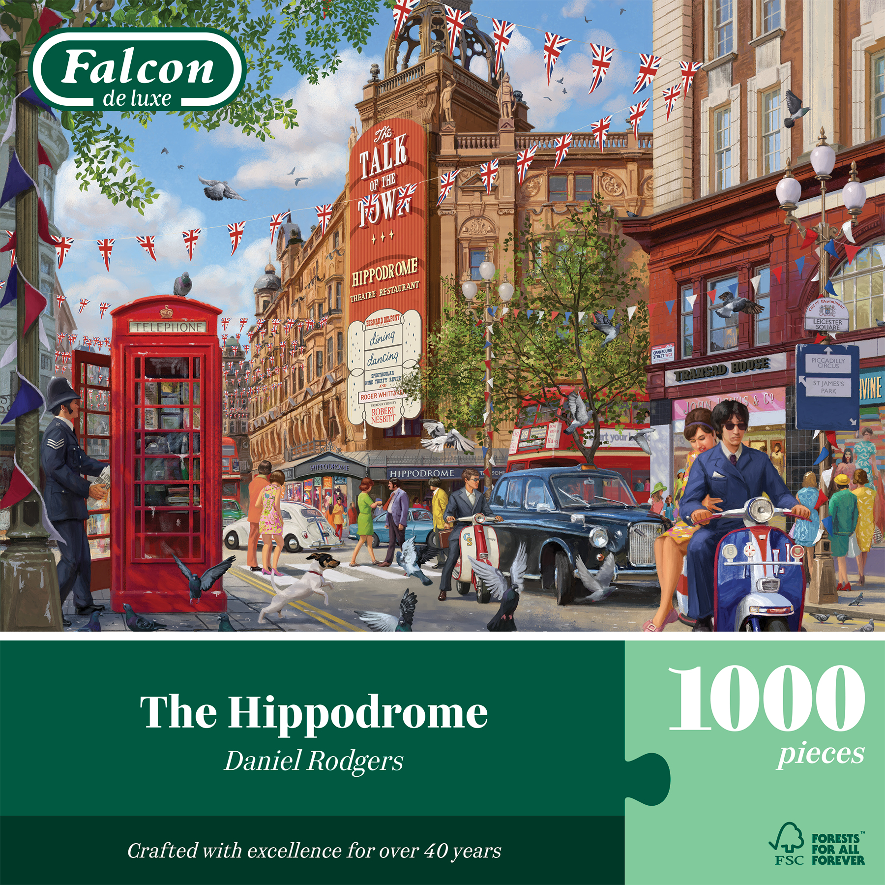Pudełko z puzzlami przedstawiające scenę The Hippodrome z londyńskimi zabytkami.
