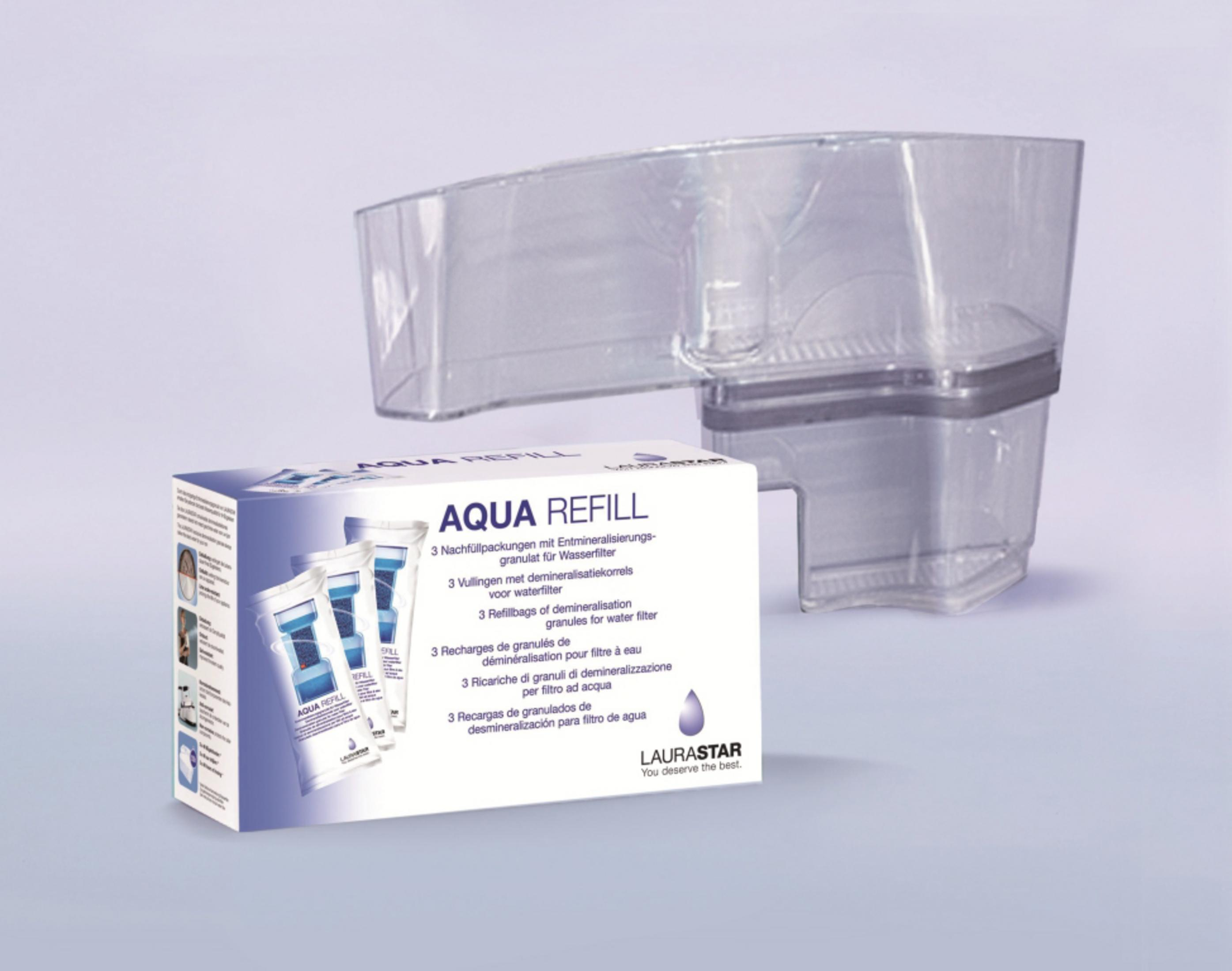 Pudełko i części wkładów filtra wody Aqua Refill. Białe tło.