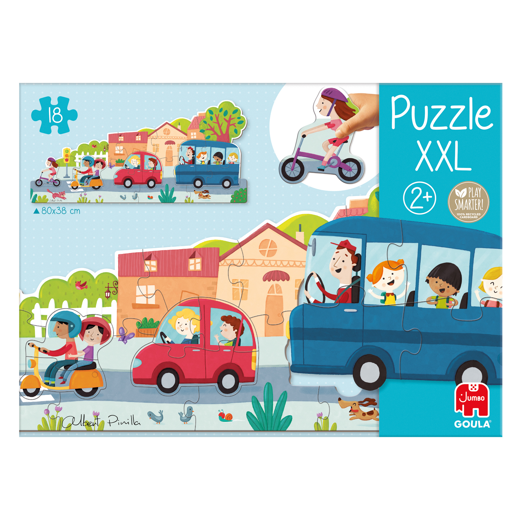 Kleurrijke puzzeldoos. Auto's, bus, huizen en figuren worden afgebeeld. De puzzel is voor kinderen.