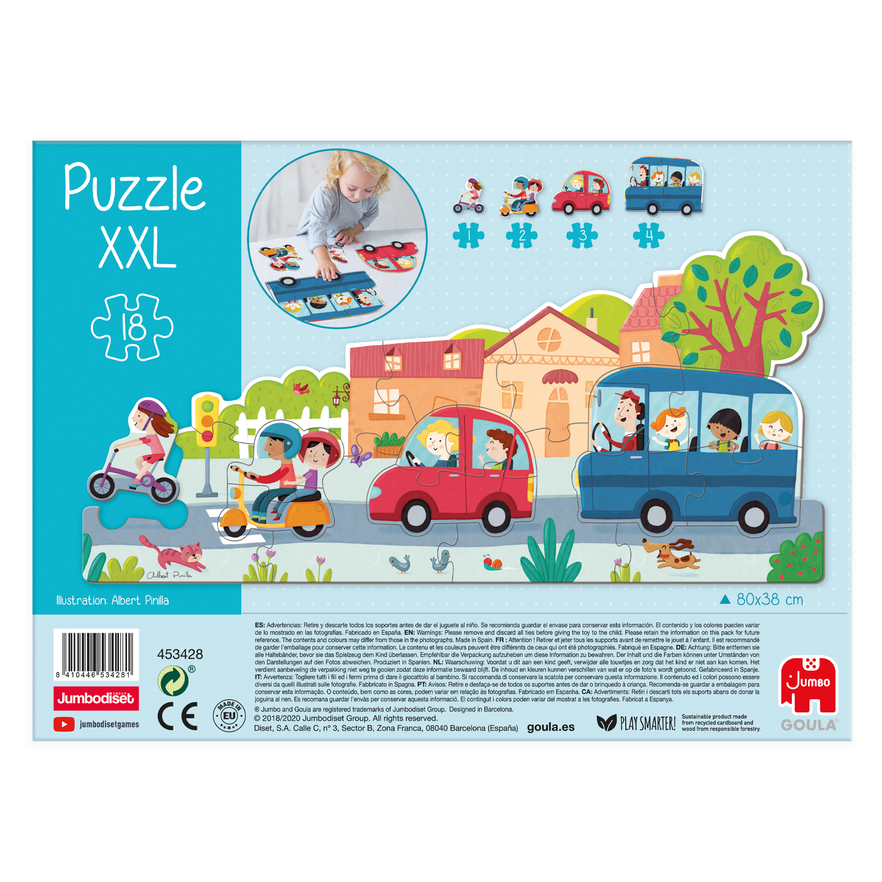 Een puzzel van voertuigen en huizen met een kind op een scooter. Het is een Jumbo Goula Puzzel.