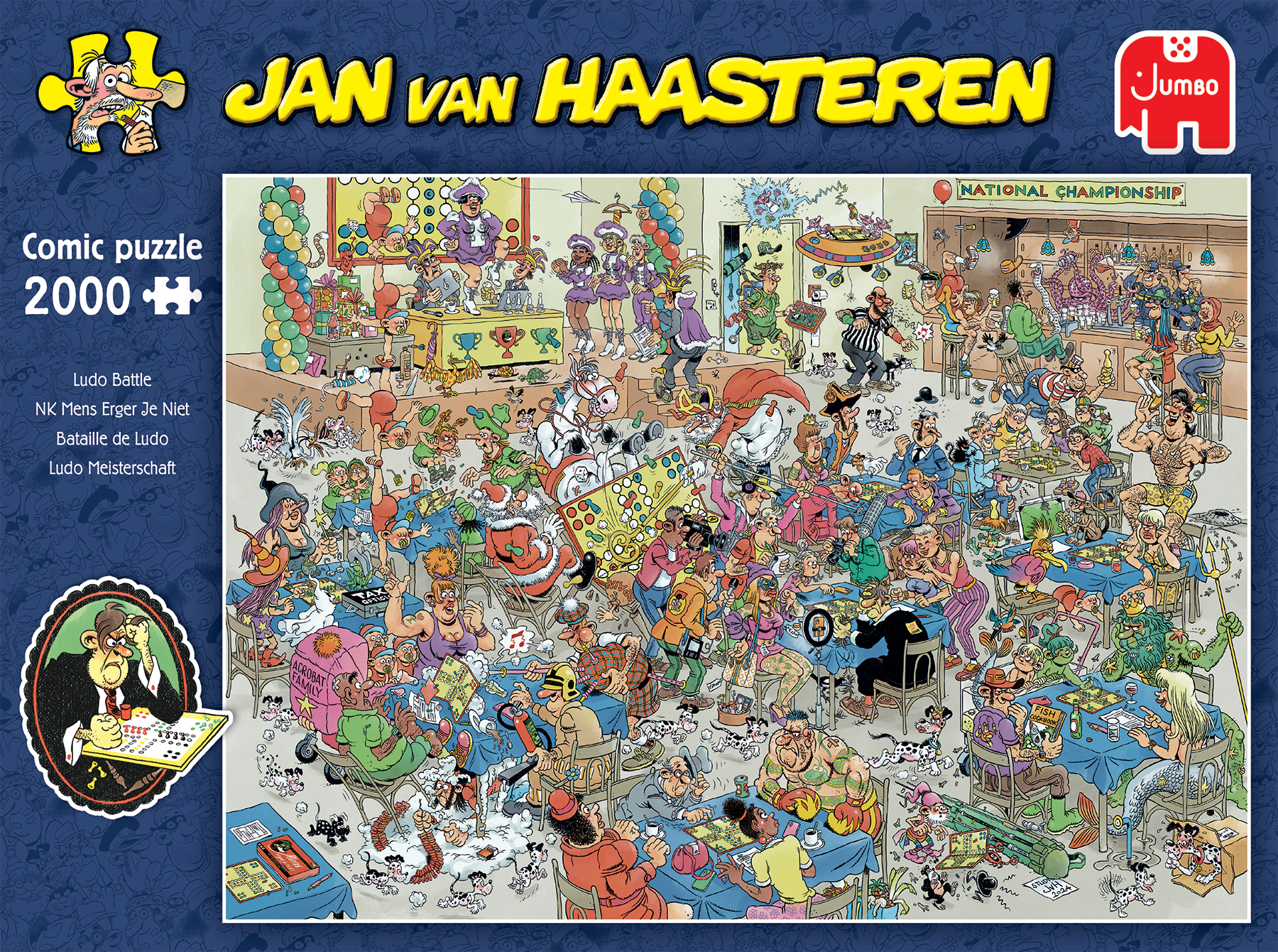 A colorful puzzle illustration of a crowded room. Many cartoon characters present.