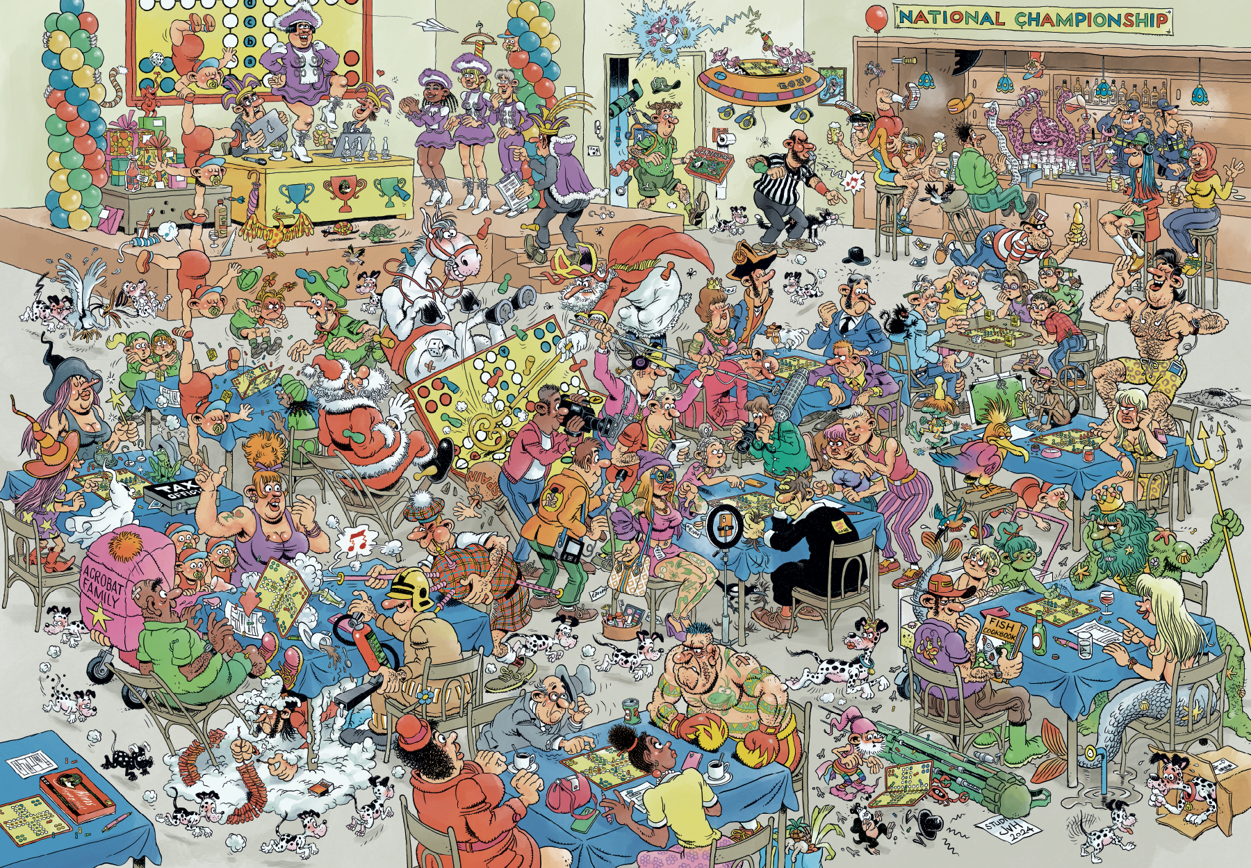 A crowded cartoon scene of people participating in a national championship.