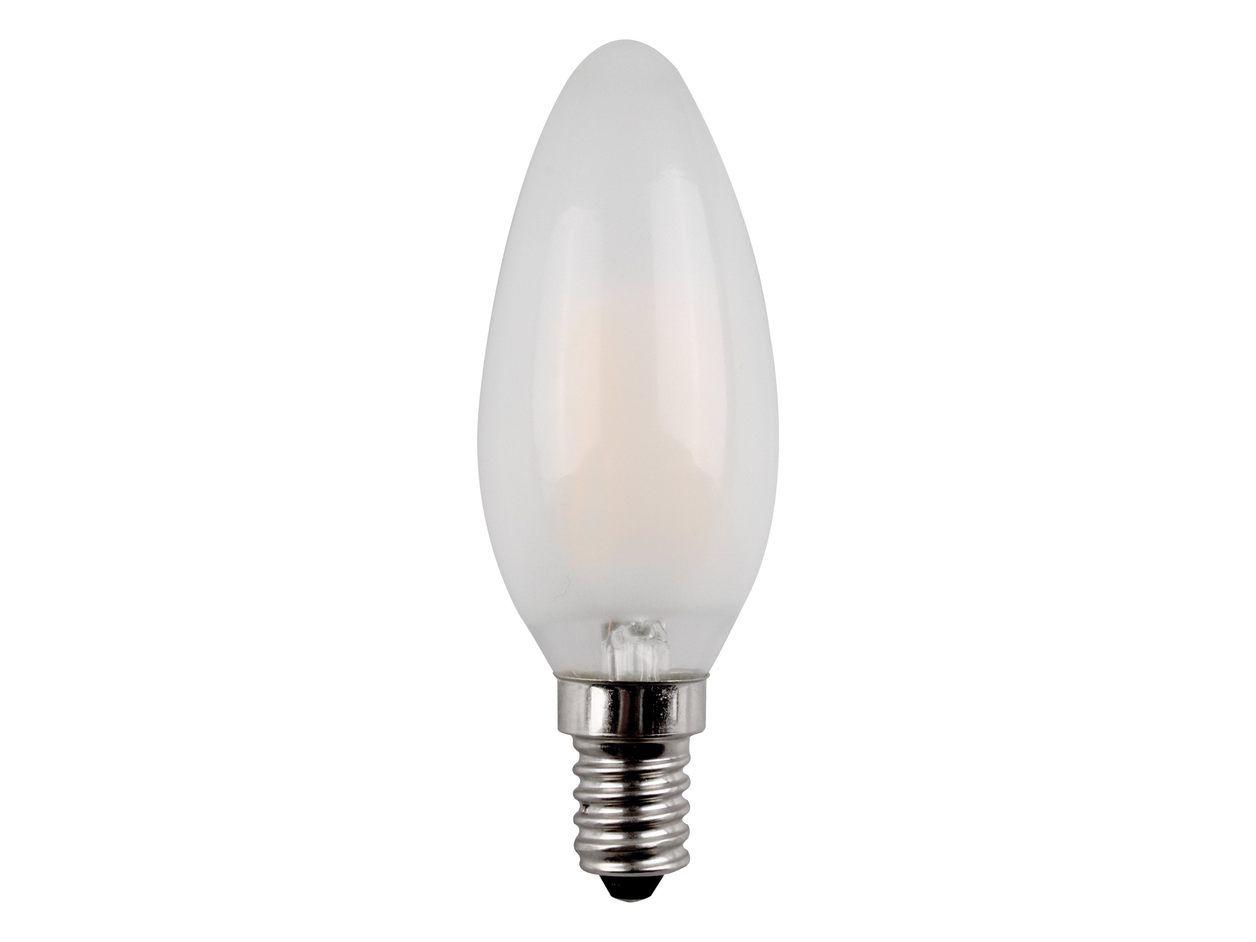 Una lampadina opaca a forma di candela su sfondo bianco.