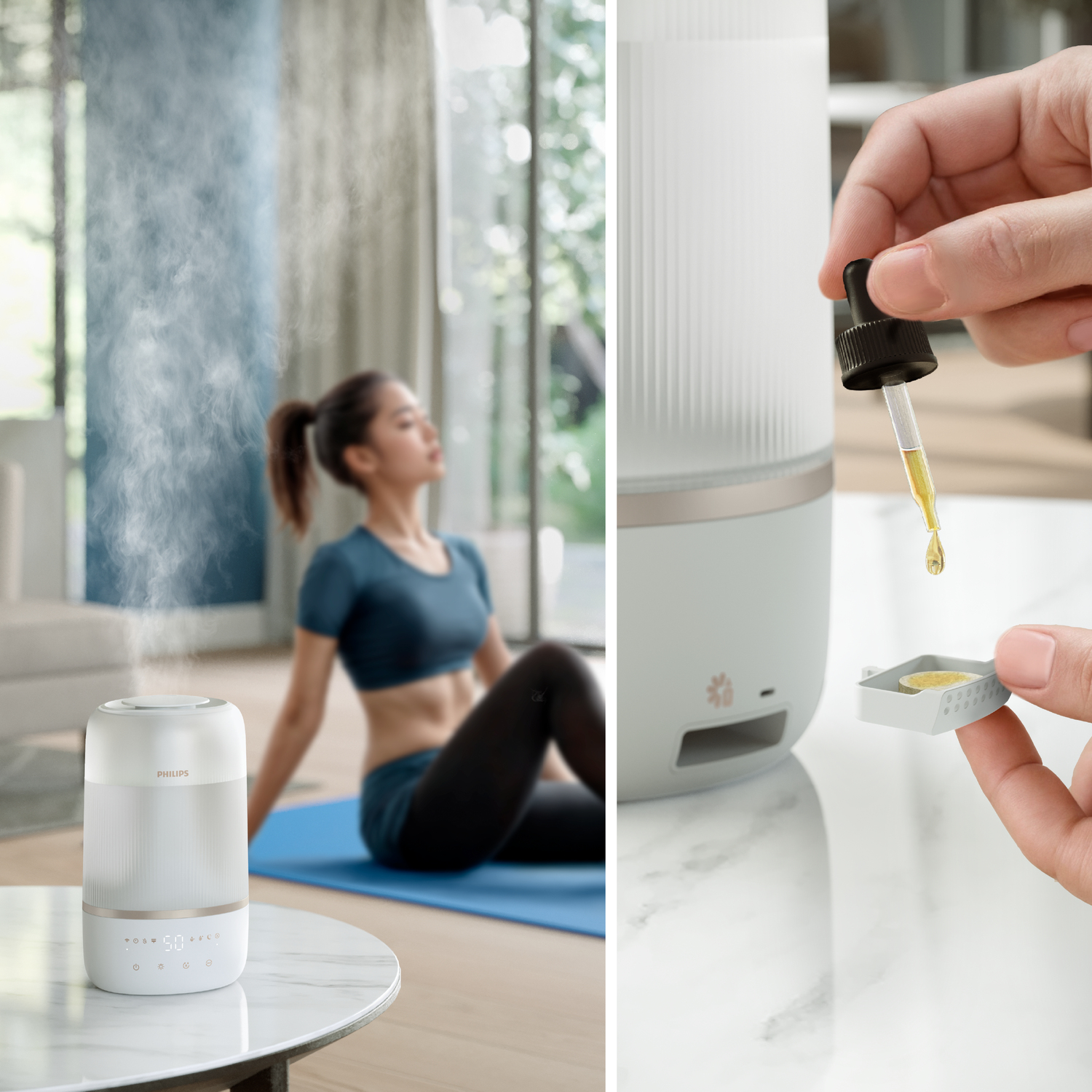 Kobieta dodaje olejki eteryczne do nawilżacza, a w tle kobieta ćwiczy.