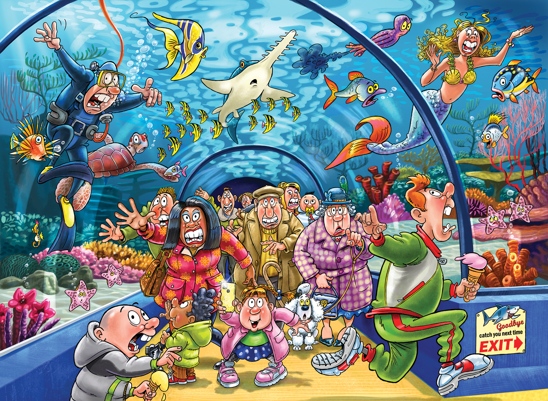 Kolorowa ilustracja ludzi w tunelu akwarium, z rybami i syreną.
