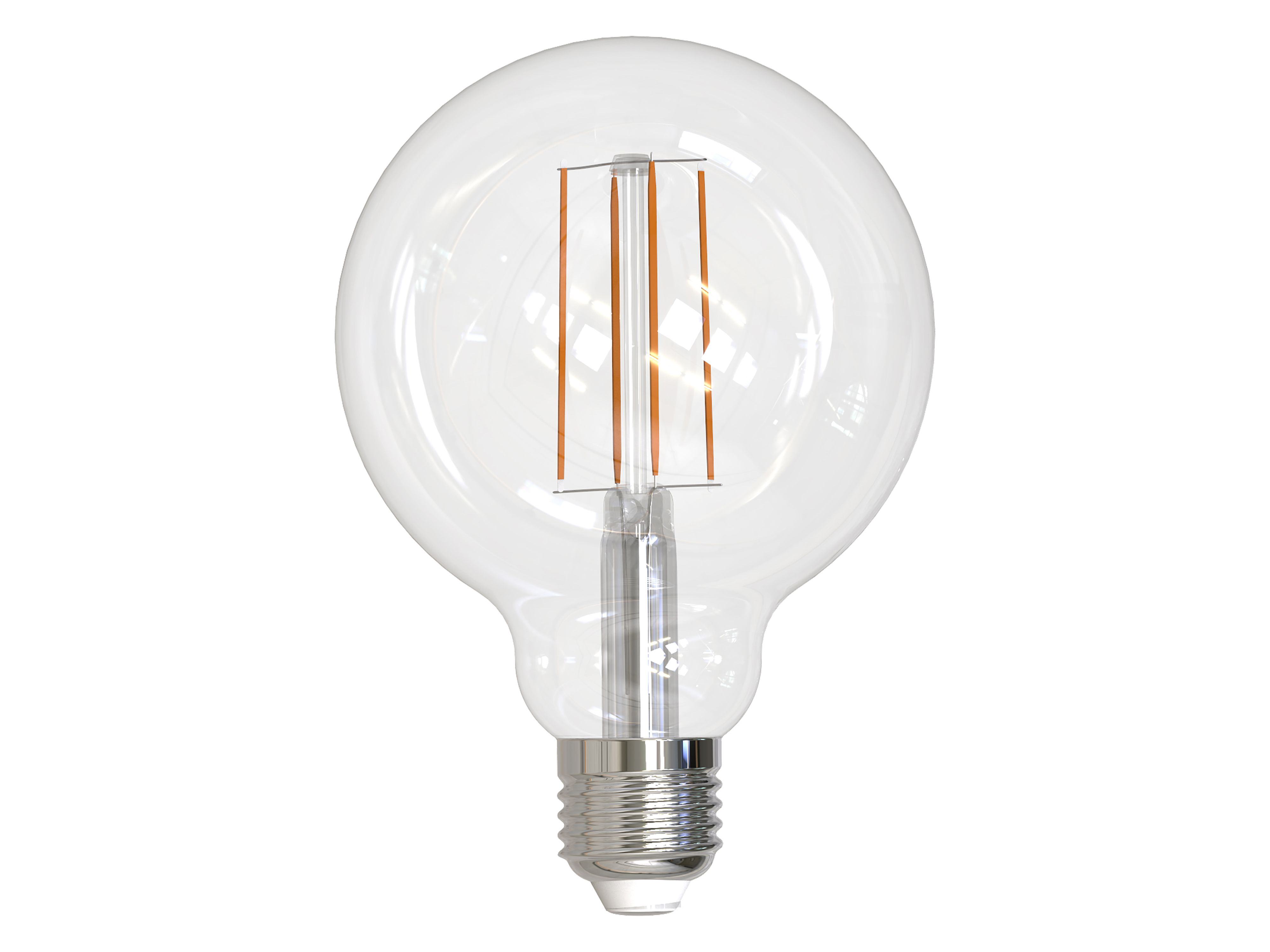 Una lampadina trasparente con una base argentata. La lampadina ha una forma rotonda e un filamento visibile con tre linee verticali.