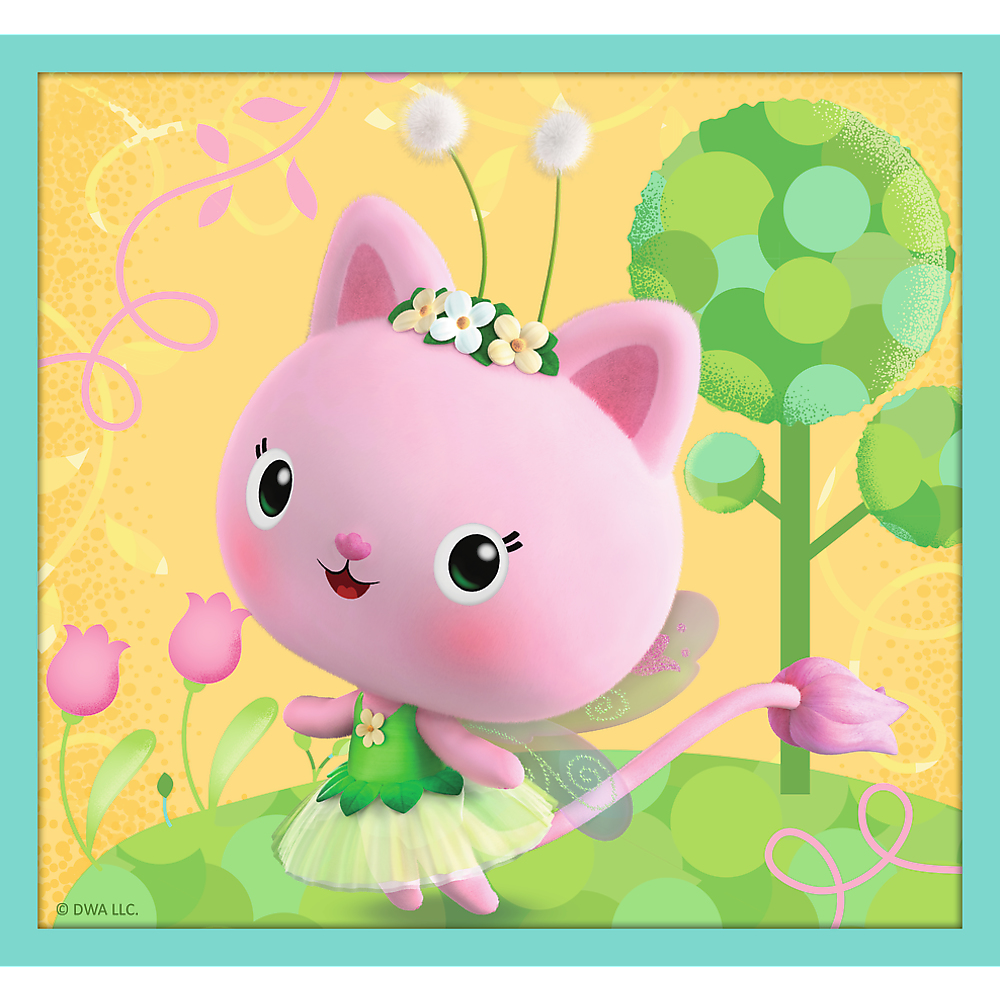 Dibujo animado de hada gato rosa con flores y alas, en una escena floral verde y amarilla.