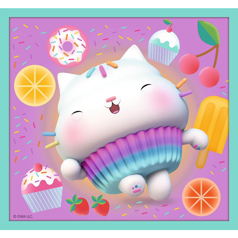 Dibujo animado de gato magdalena blanco con dulces alrededor sobre un fondo púrpura en un marco turquesa.