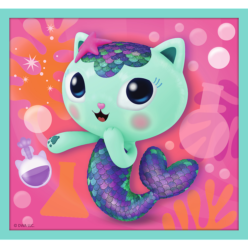 Un gato sirena de dibujos animados con fondo rosa, burbujas y formas.