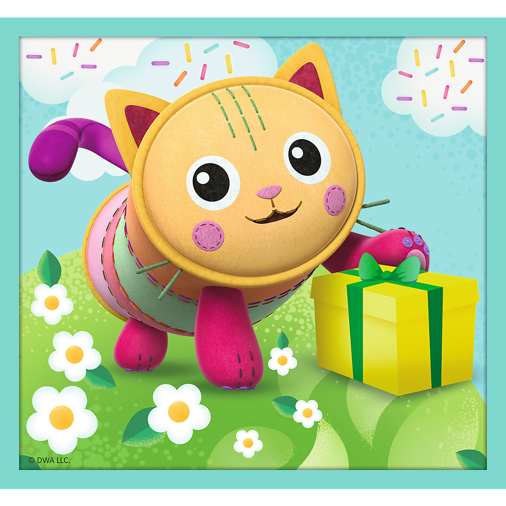 Un gato de dibujos animados con una caja de regalo. El gato es naranja y rosa, sentado en un campo. El fondo es azul con chispas.