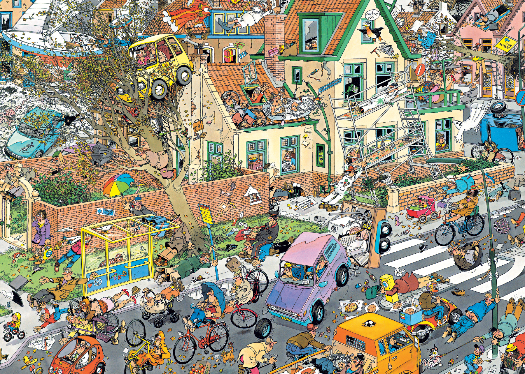 Complexe puzzelscène. Drukke straat met gebouwen, voertuigen en veel mensen.