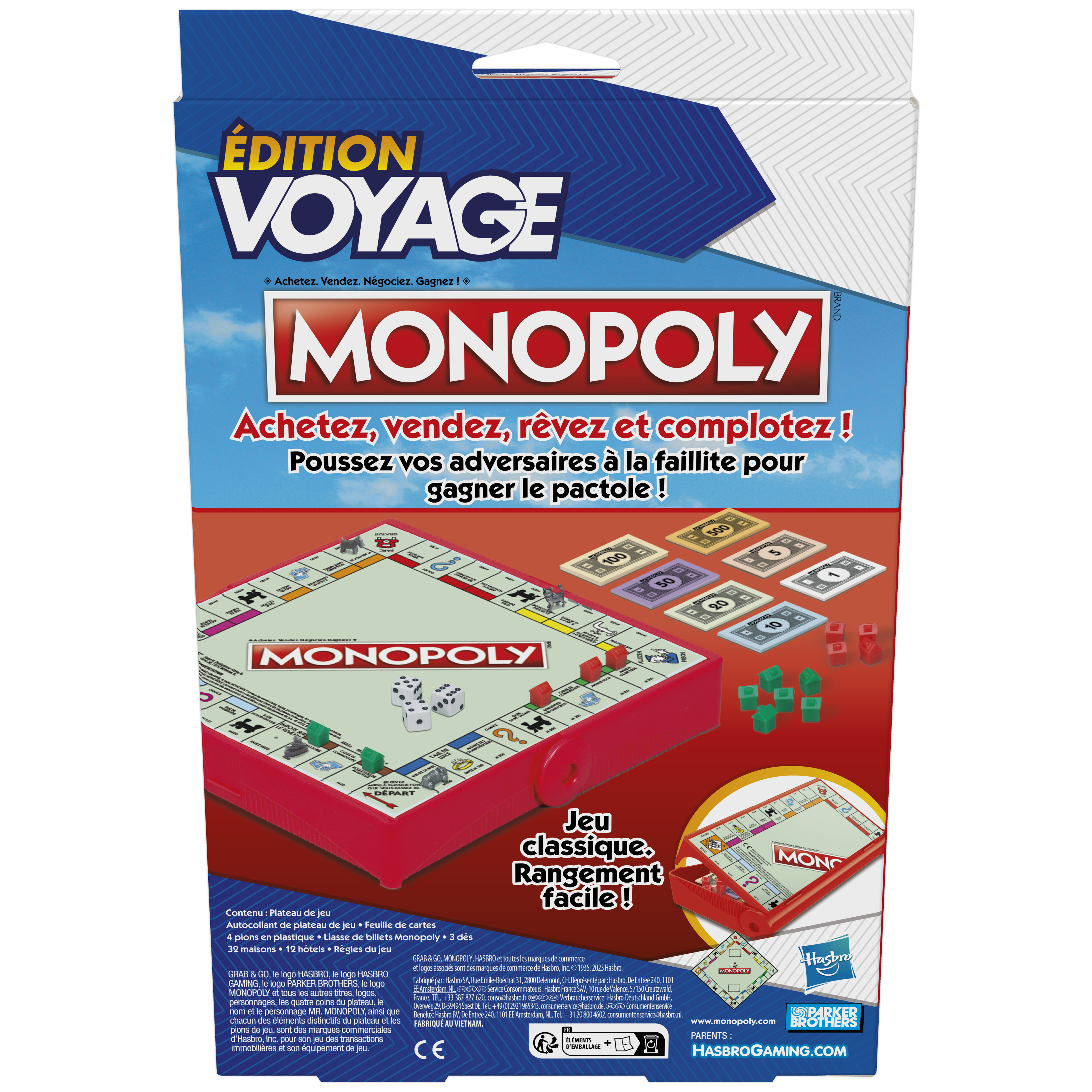 Monopoly-Brettspielbox. Rote Box mit Spielsteinen und einem Brett.