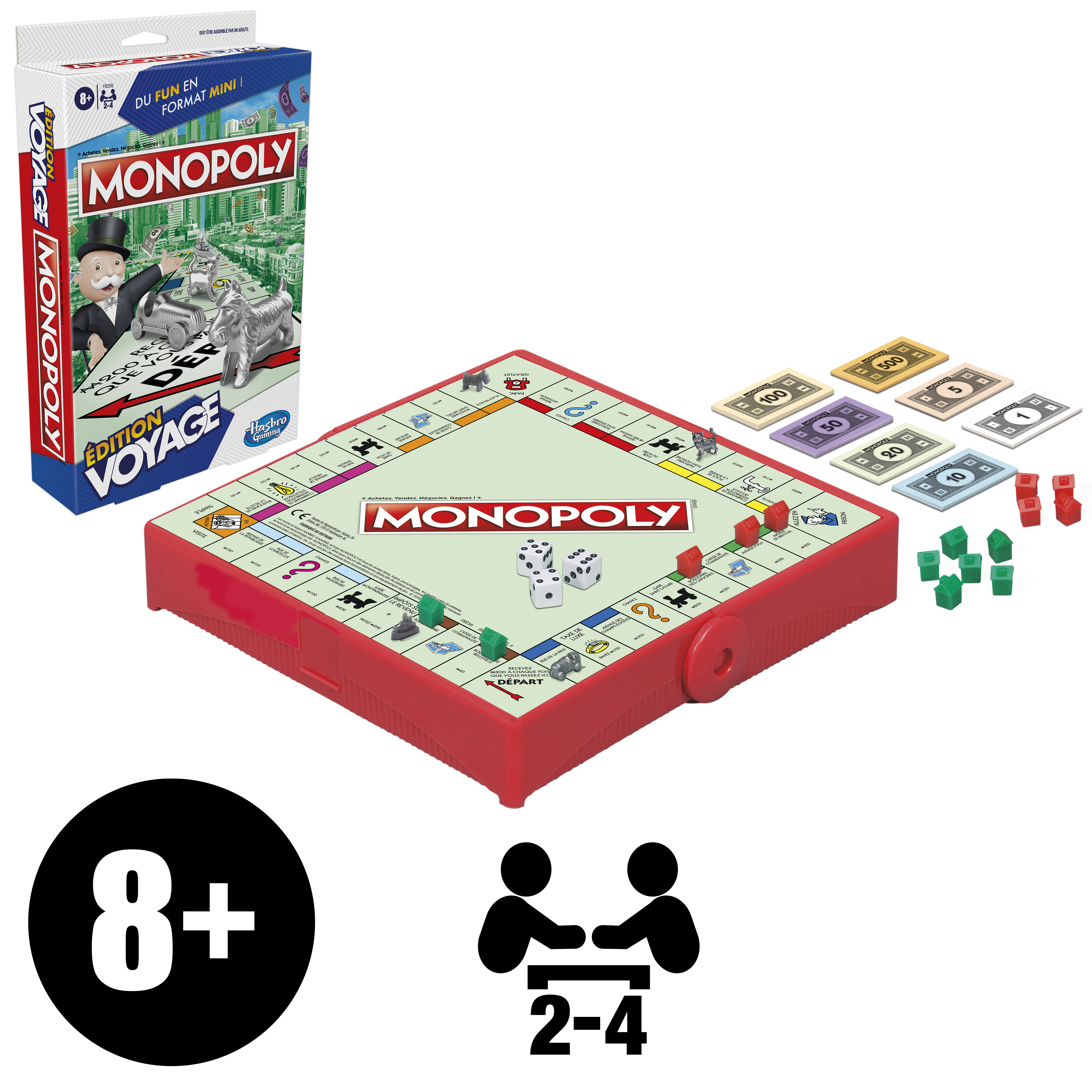 Eine Monopoly-Spielbox mit dem Spielbrett, Geld und Spielsteinen.