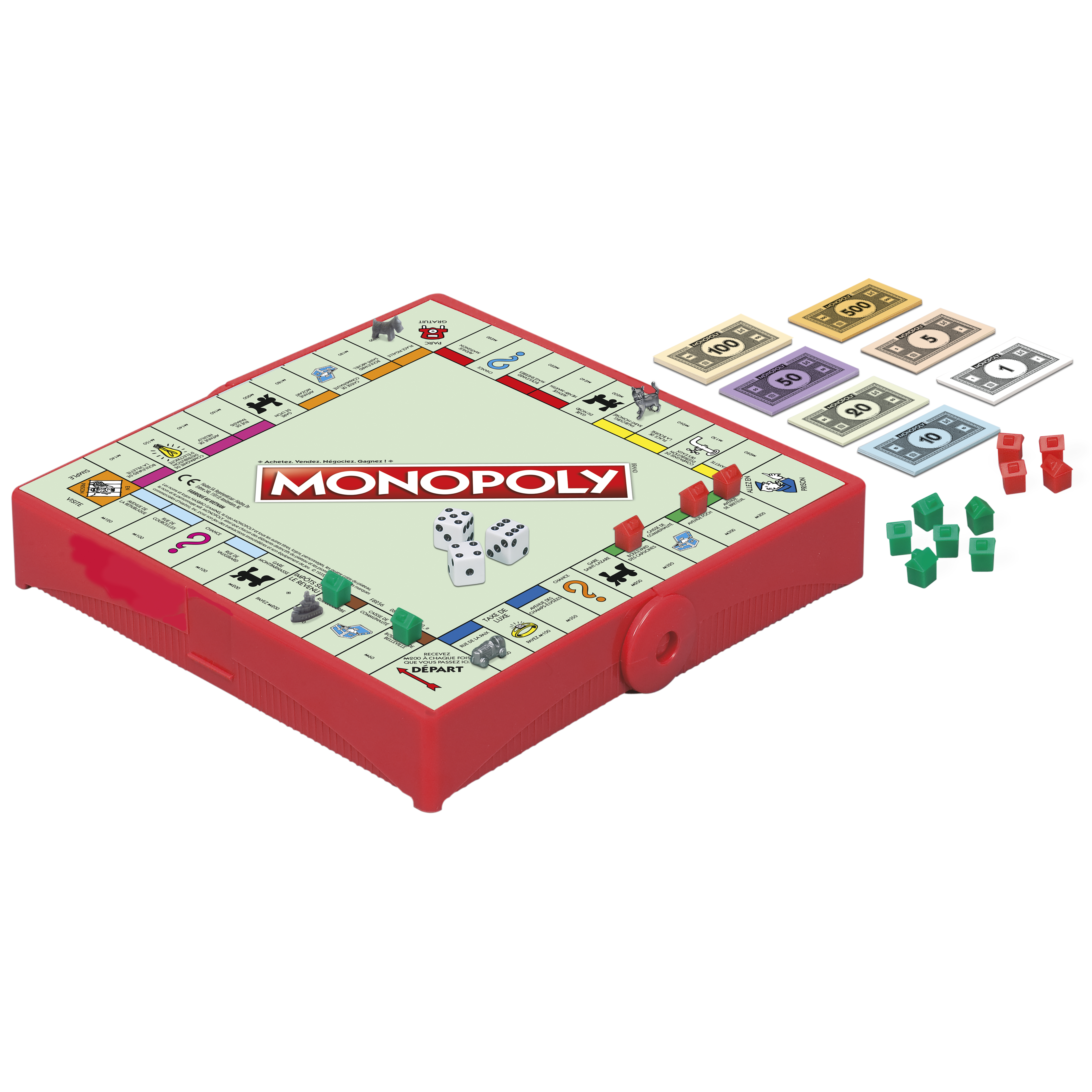 Geöffnete Monopoly-Spielbox mit Spielbrett, Würfeln, Geld, Häusern und Hotels sowie Spielfiguren.