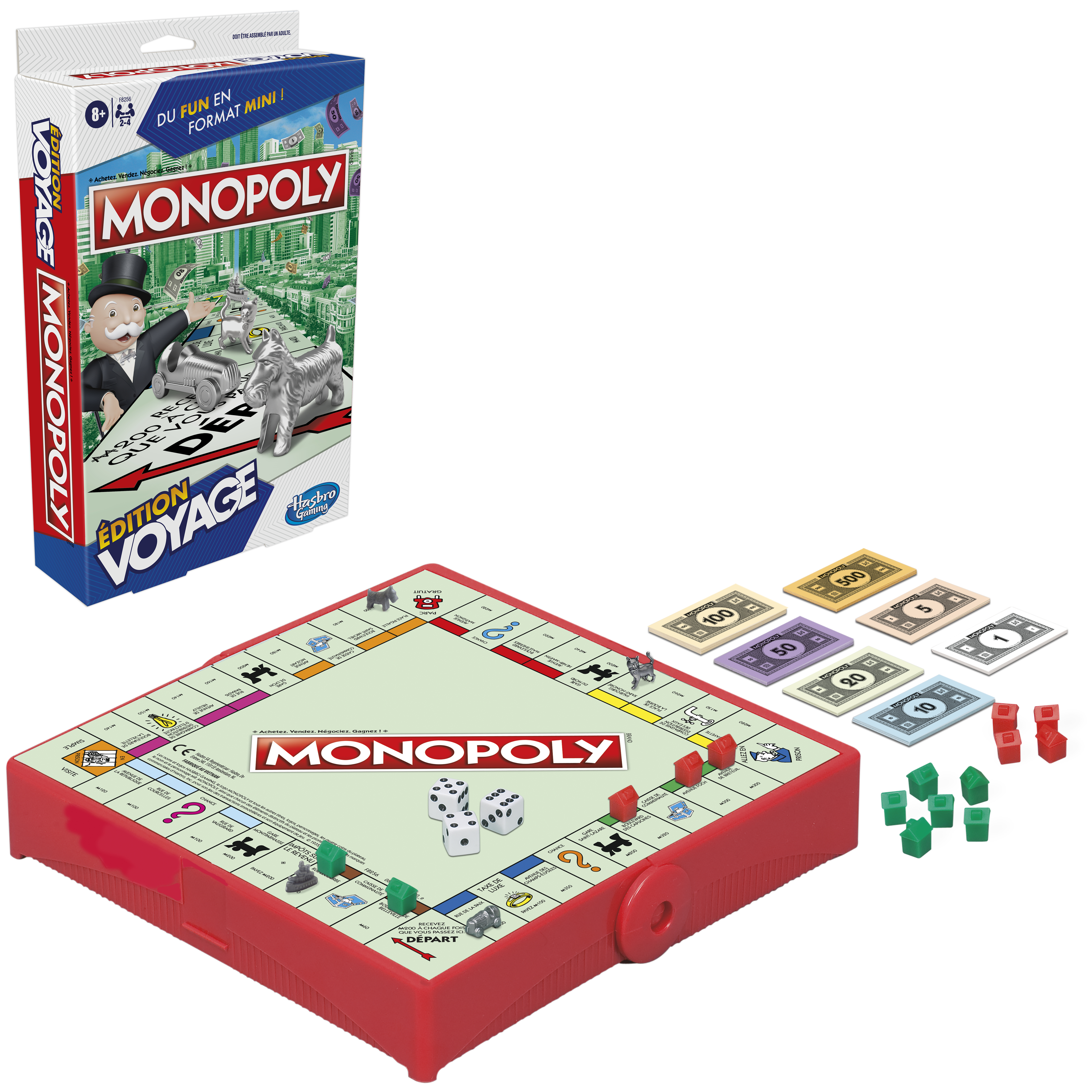 Monopoly Voyage Brettspielbox und Spielsteine, mit einem roten Spielbrett und Würfeln.
