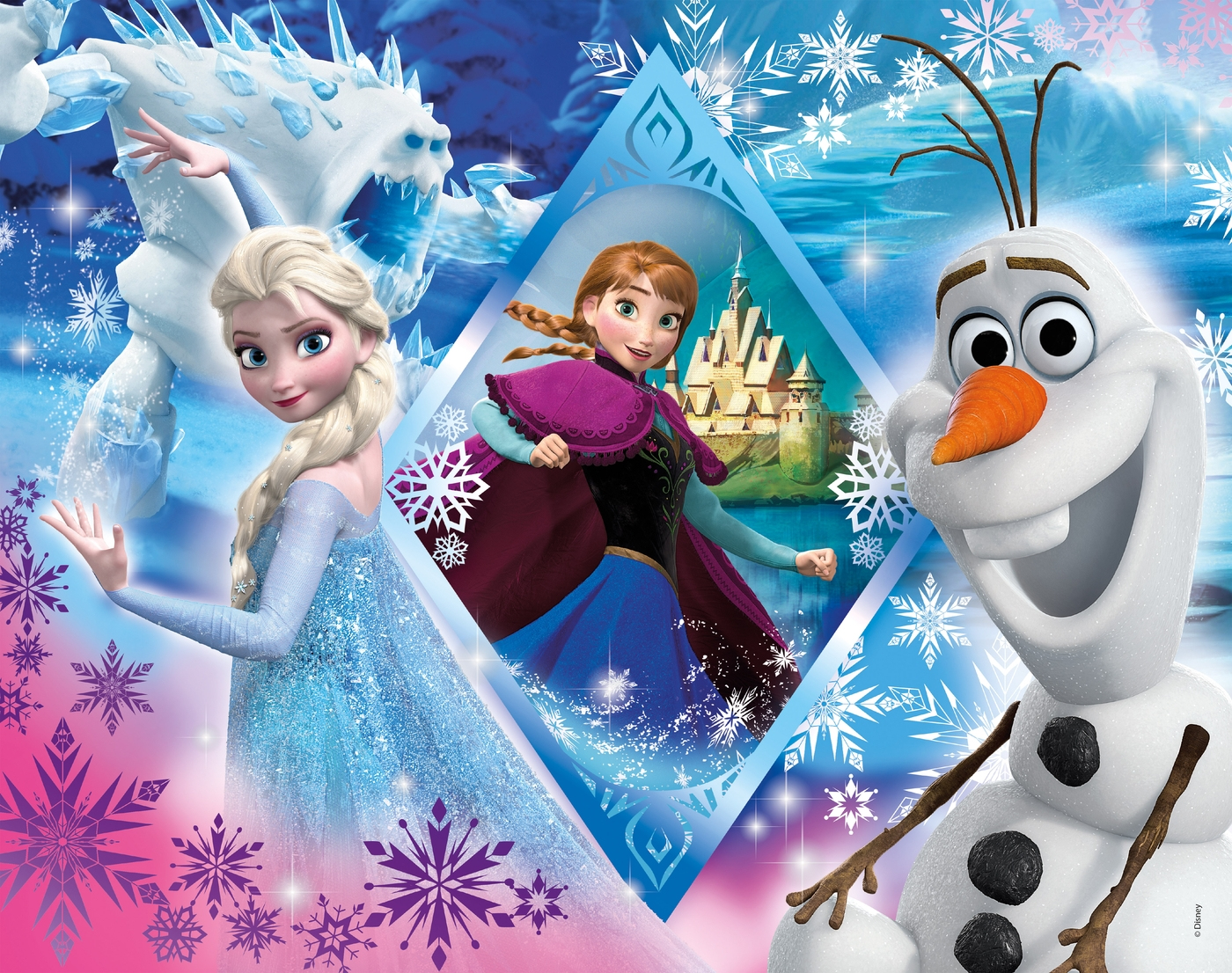 Frozen-puzzel met Elsa, Anna en Olaf. Een sneeuwmonster en een kasteel zijn ook te zien.