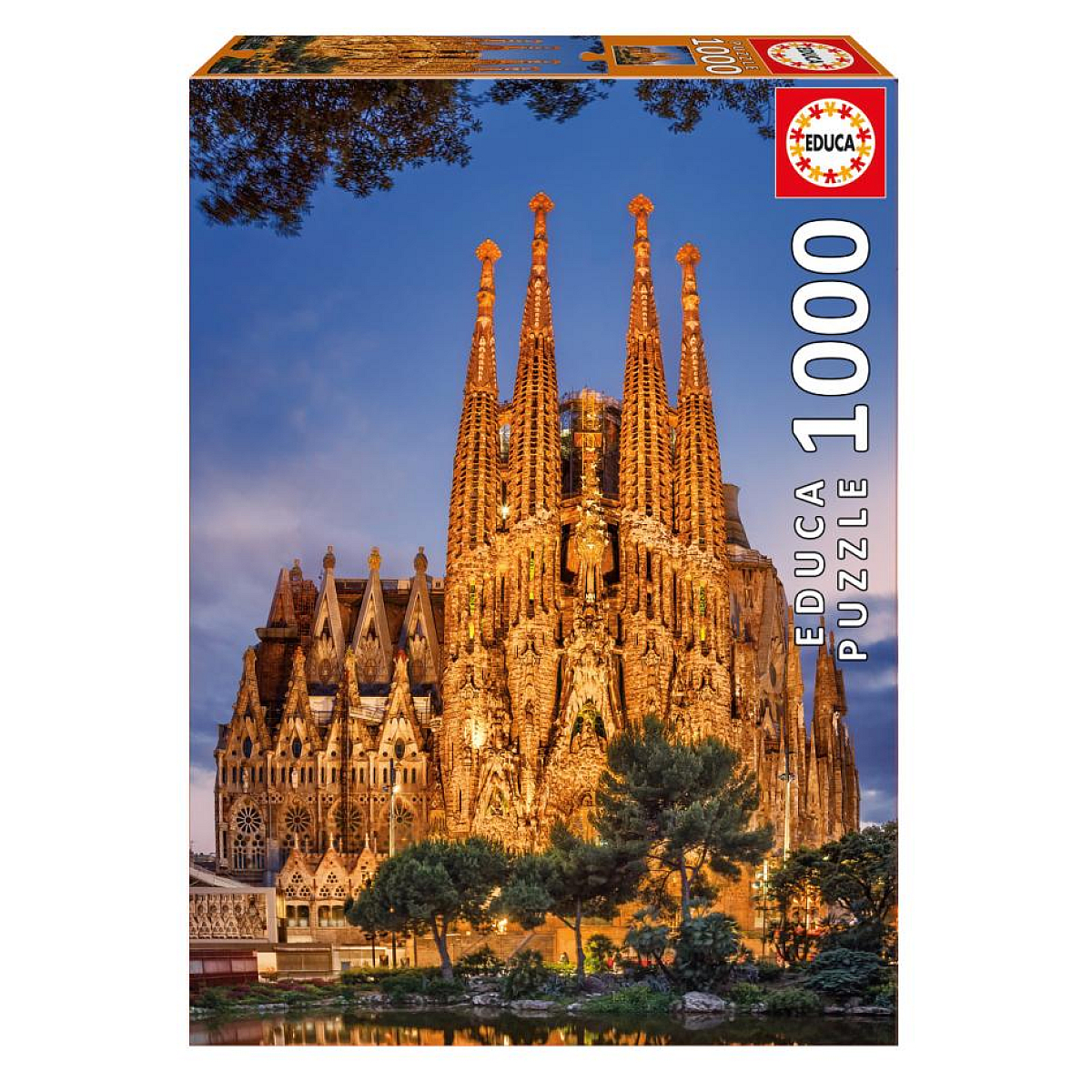 Pudełko z puzzlami ze zdjęciem Sagrada Familia w Barcelonie o zmierzchu.