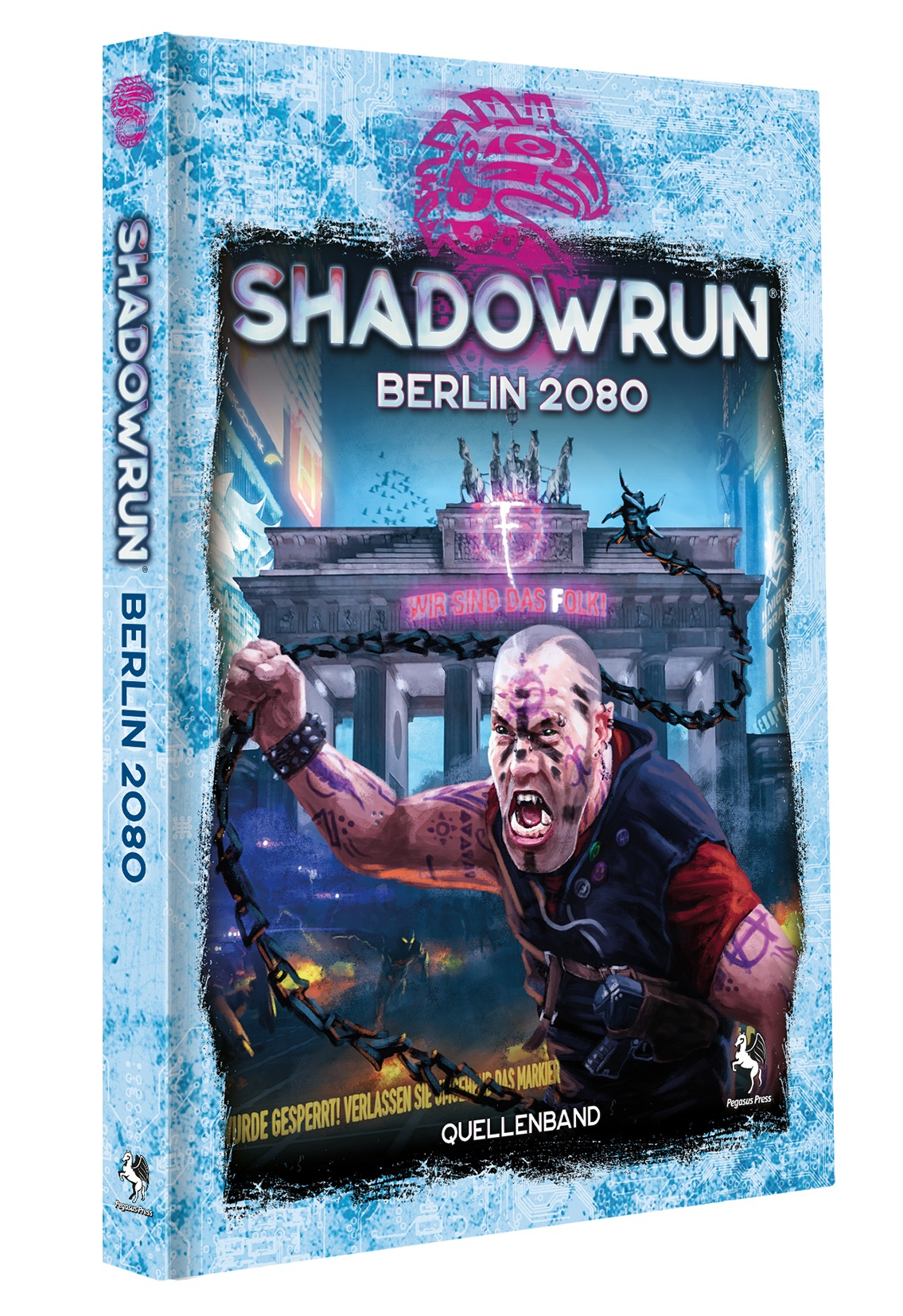 Boxkunst: Shadowrun Berlin 2080. Ein Mann schreit, Ketten in der Hand, Berliner Hintergrund.
