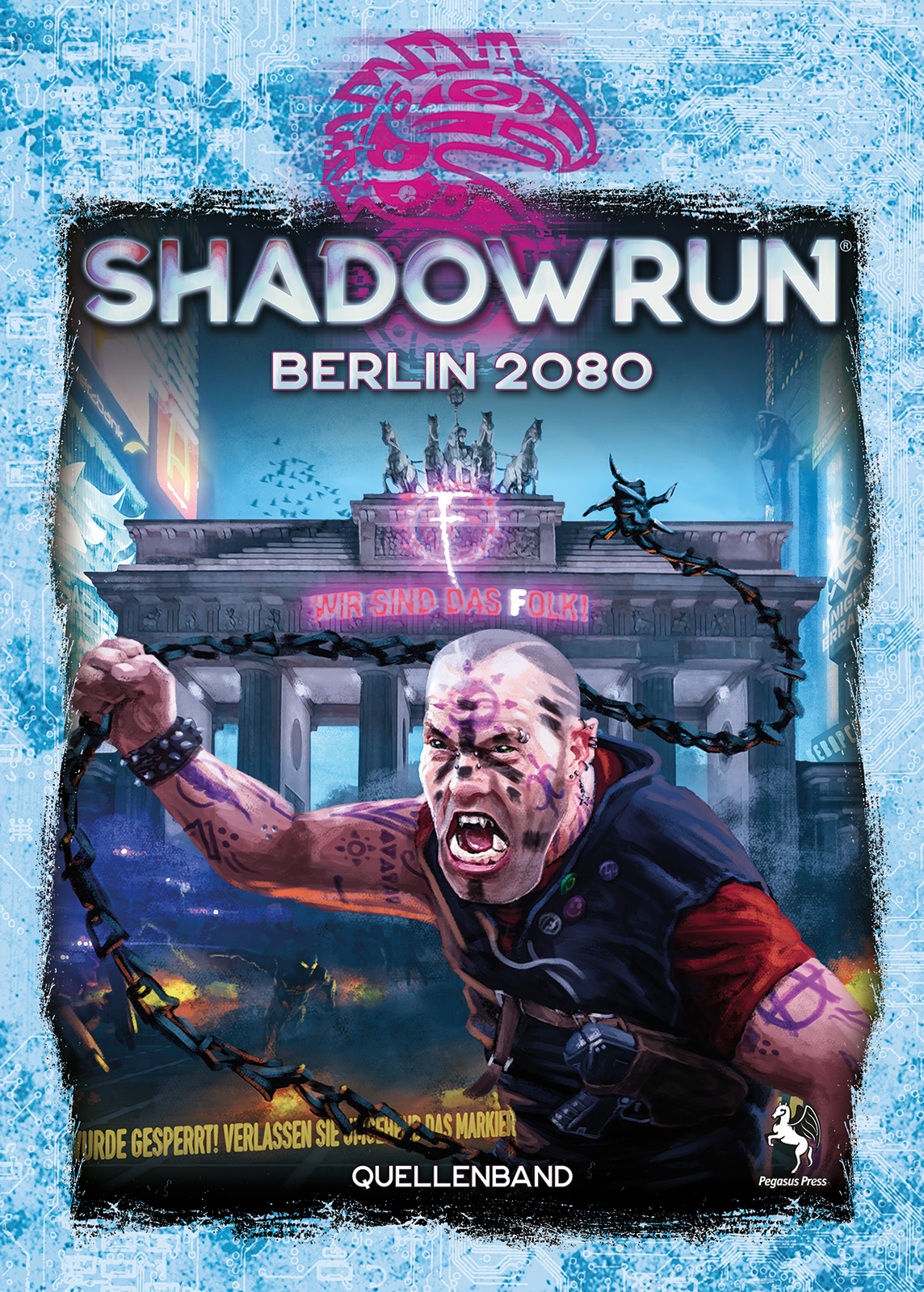 Boxart: Shadowrun Berlin 2080. Schreiender Mann, Berliner Hintergrund und Text.
