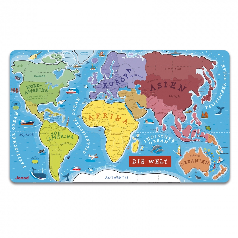 Un puzzle de carte du monde avec des continents étiquetés, aux couleurs vives. C'est un puzzle Janod.