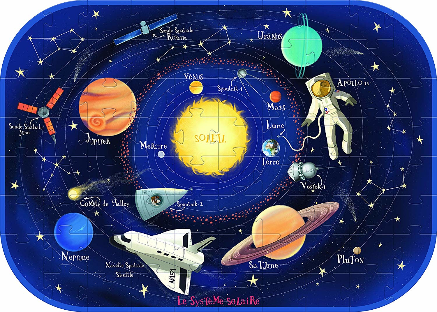 Puzzle układu słonecznego z planetami, słońcem i astronautą, na niebieskim tle.