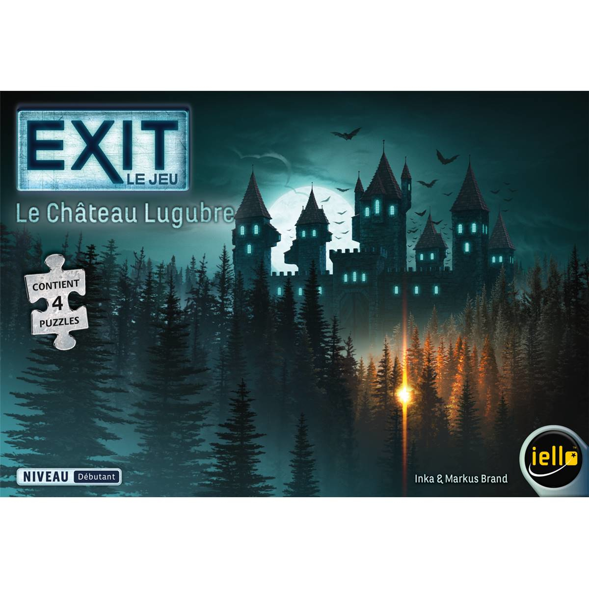 Scatola puzzle Exit con scena del castello, luna piena, pipistrelli e alberi.