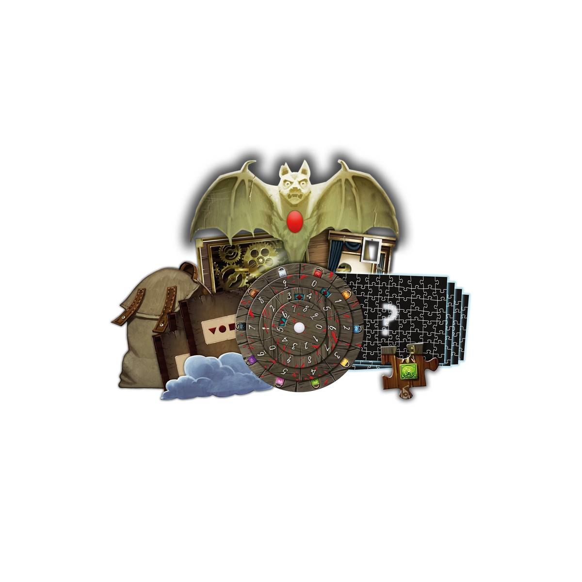 Un gioco da tavolo con vari componenti: un pipistrello, una ruota e un puzzle.