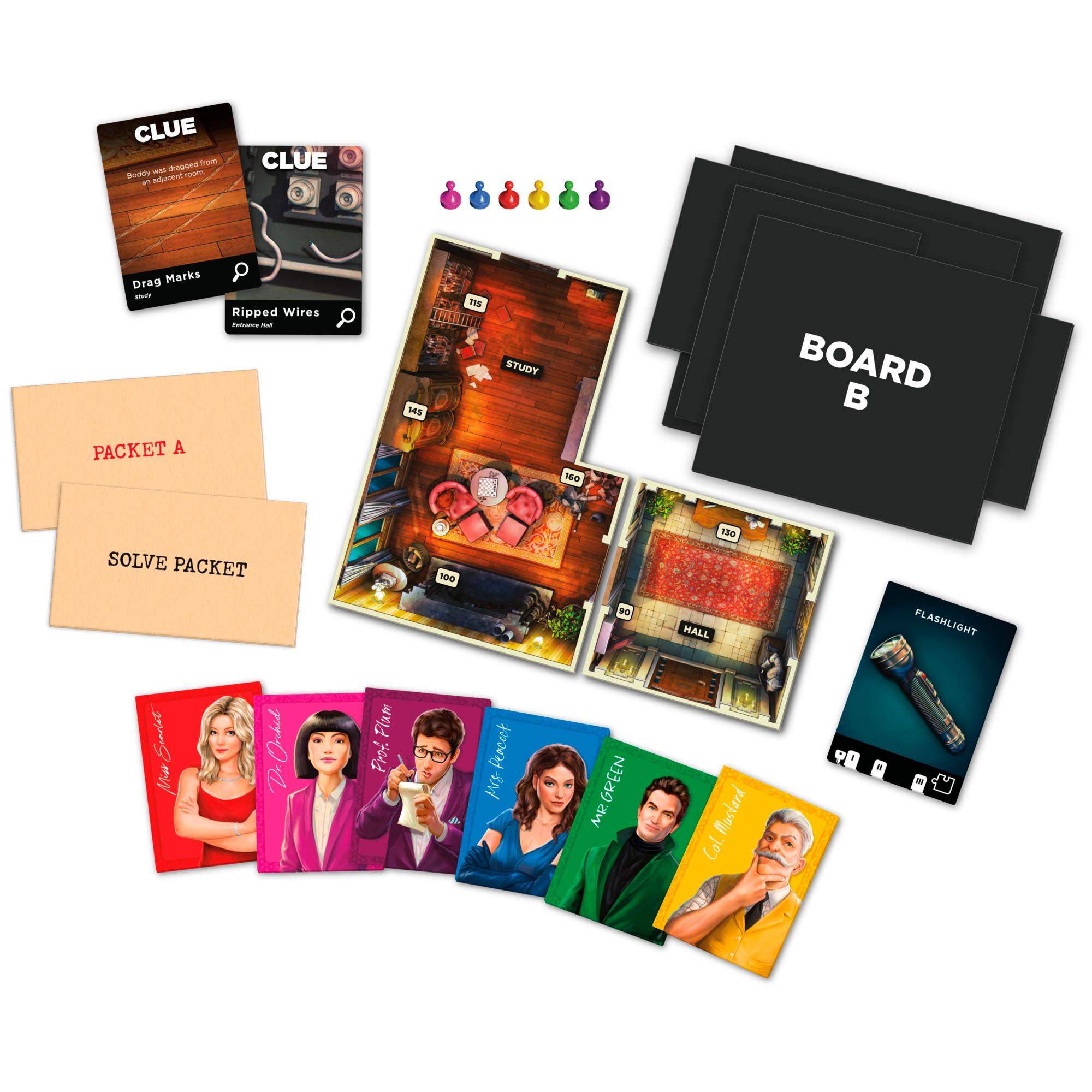 Cluedo bordspelopstelling met kaarten, een bord, spelertokens en een zaklampkaart.